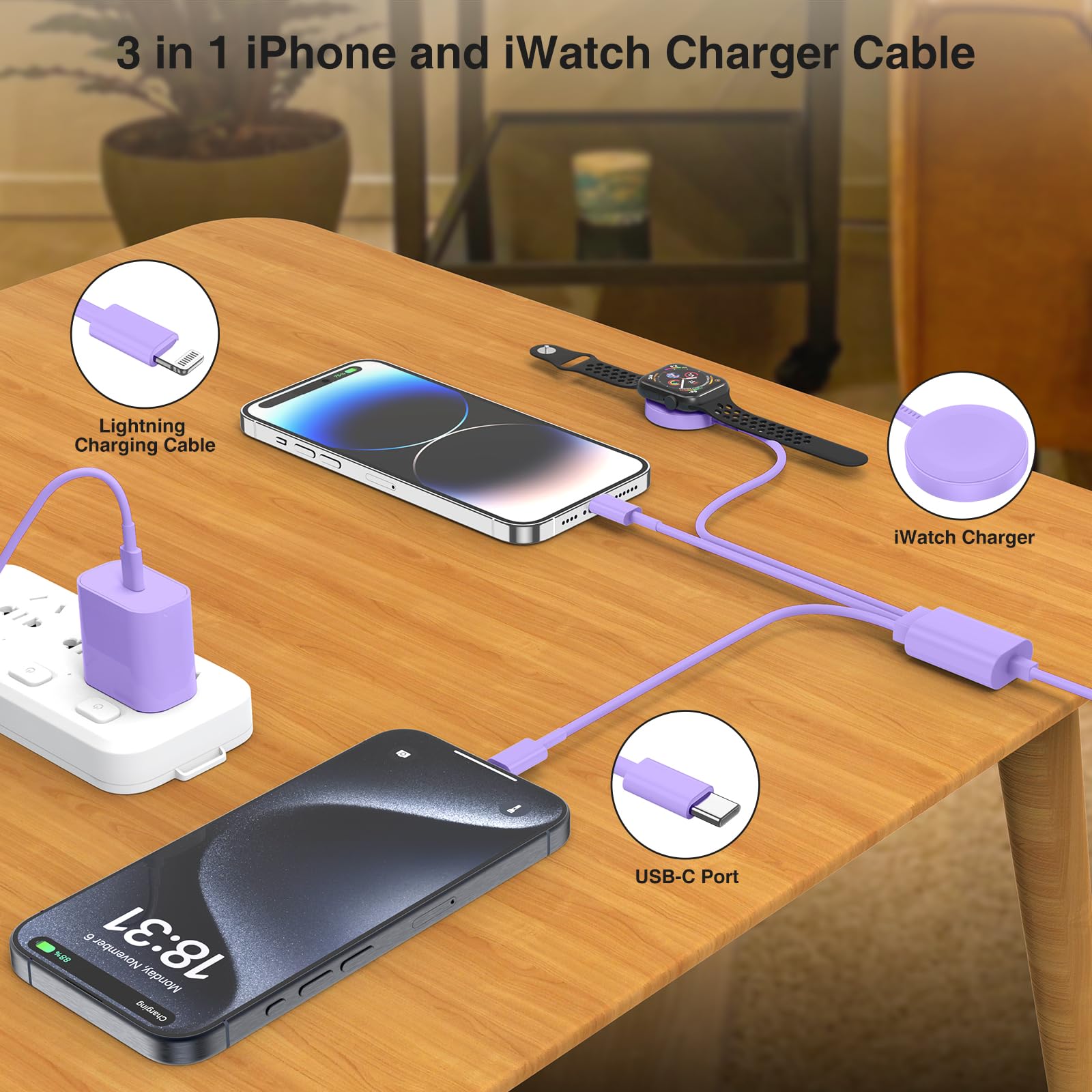 Qziiw Apple Watch Charger Cable, Usb C Magnetic Watch Charging Cable, 3 In 1 Apple Iwatch Charging Cable 6 Ft, Compatible With A