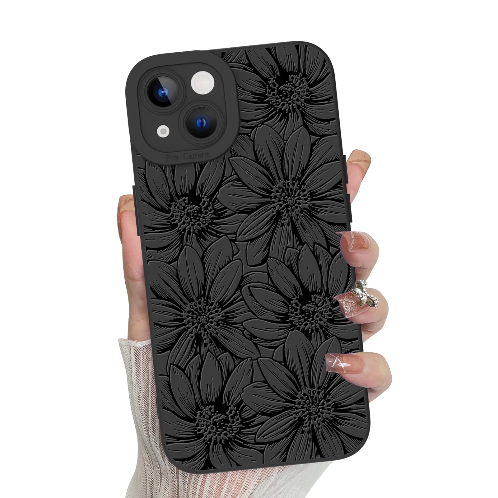 Mzelq For Iphone 15 Case, Silicone Black Floral Flowers Sunflowers Cute Pattern, Camera Protection Soft Slim Phone Case For Ipho