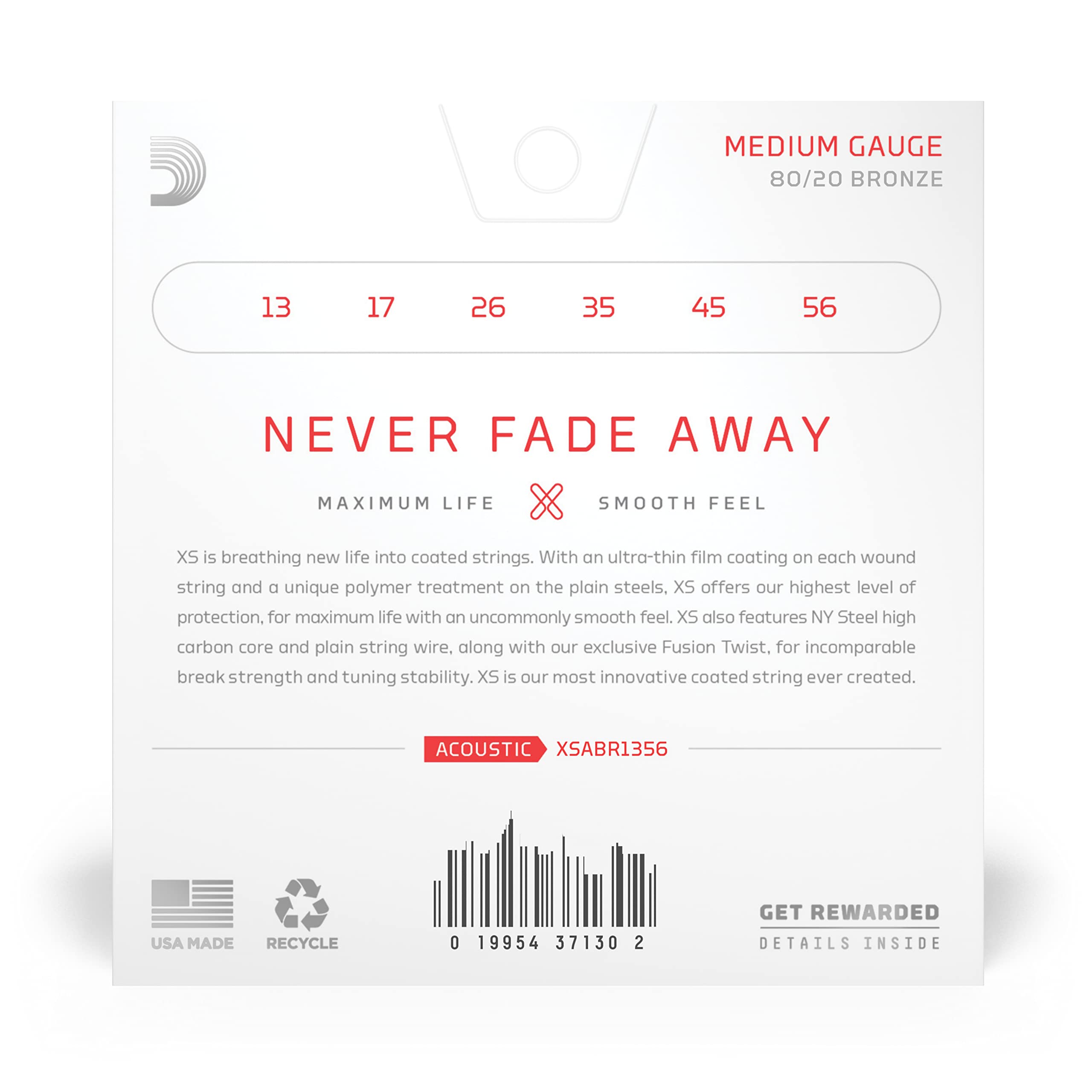 D'Addario Acoustic Guitar Strings, Xs 80/20 Bronze Coated, Xsabr1356, Medium Gauge 13 56, 6 String Set, Pack Of 1