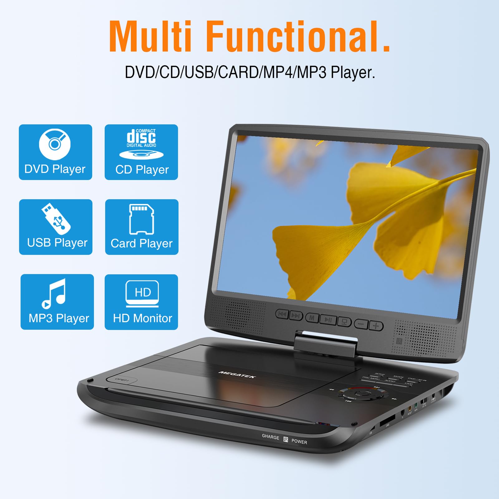 Megatek 12.5'' Portable Dvd Player With 10.5'' Hd Swivel Screen, Upgraded 6 Hour Rechargeable Battery, Play Cd/Dvd/Usb/Sd Card,