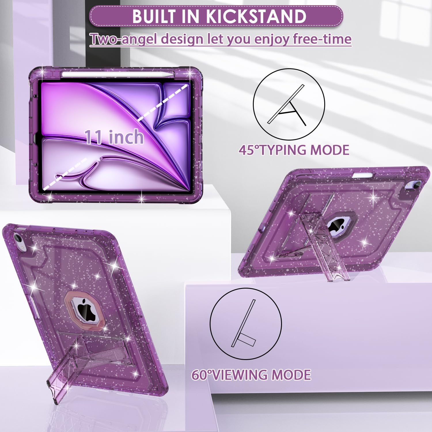 Zonefoker For Ipad Air 6Th 11 Inch M2 Generation Case 2024, Ipad 5Th/4Th 11 Inch 2022/2020, Purple Glitter Slim Cover With Penci