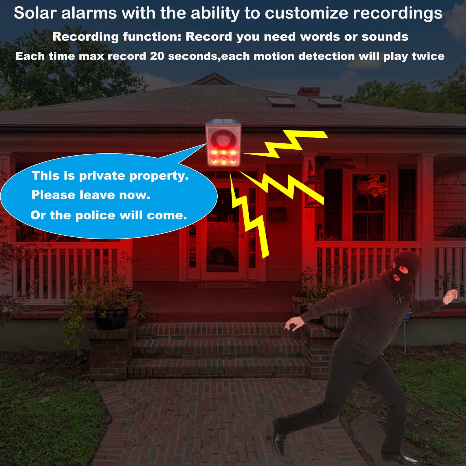 Solar Outdoor Motion Detector Alarm With 130Db Dog Barking & Gunshot Sounds, Usb Charging & Strobe Light, Deter Intruders Effect