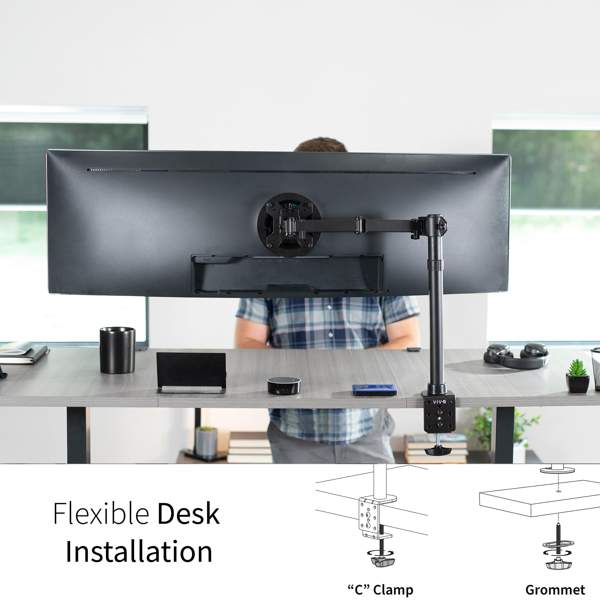 VIVO Single Large Monitor Arm Desk Mount, Holds Screens up to 45 inch Ultrawide, Fully Adjustable Stand with C Clamp and Grommet Base, VESA 75x75mm or 100x100mm, Black, STAND V149