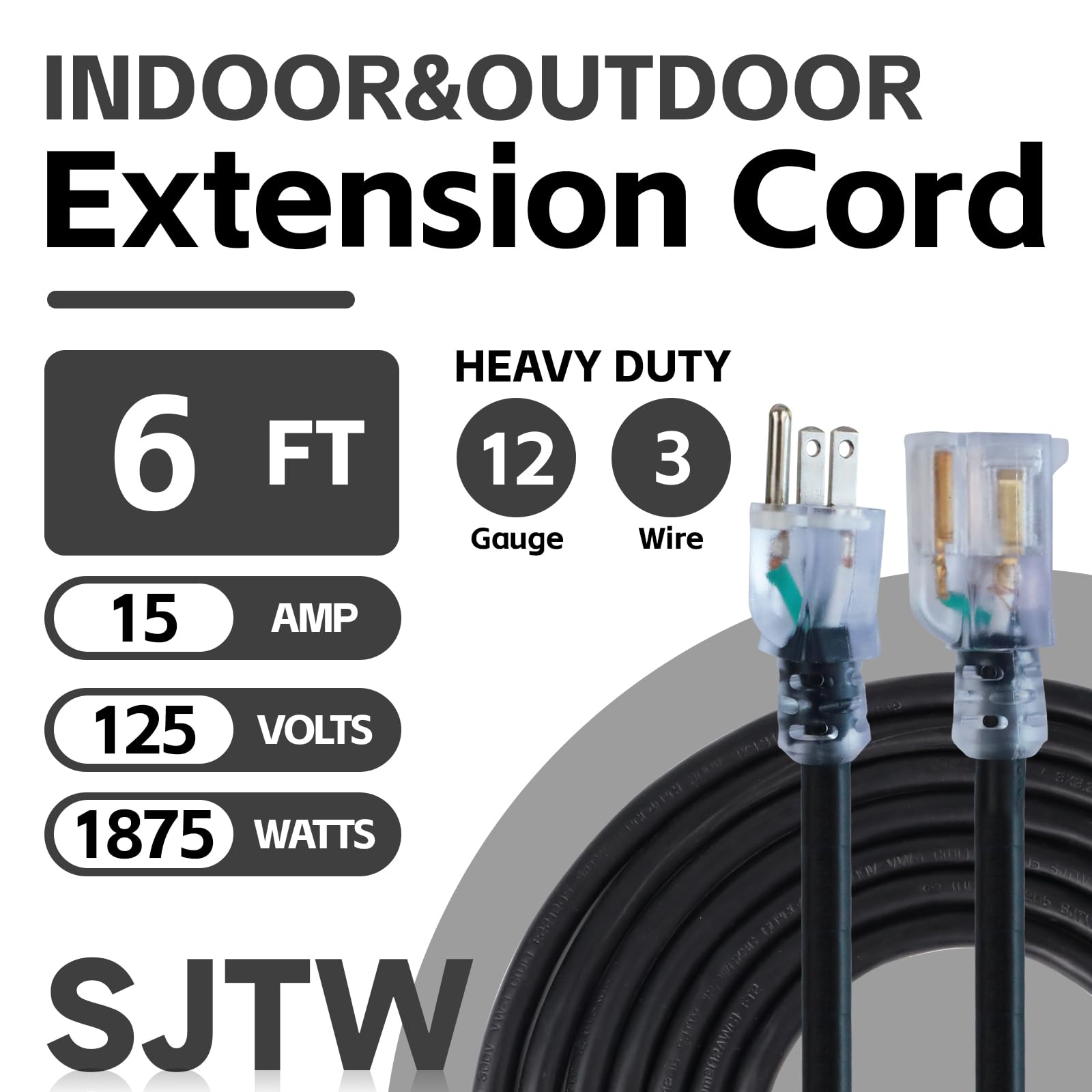 Ultra Explorer Indoor Extension Cord Waterproof 6 Ft, 12 Gauge Heavy Duty Black Extension Cord Sjtw, Flexible Cold Resistant 3 P