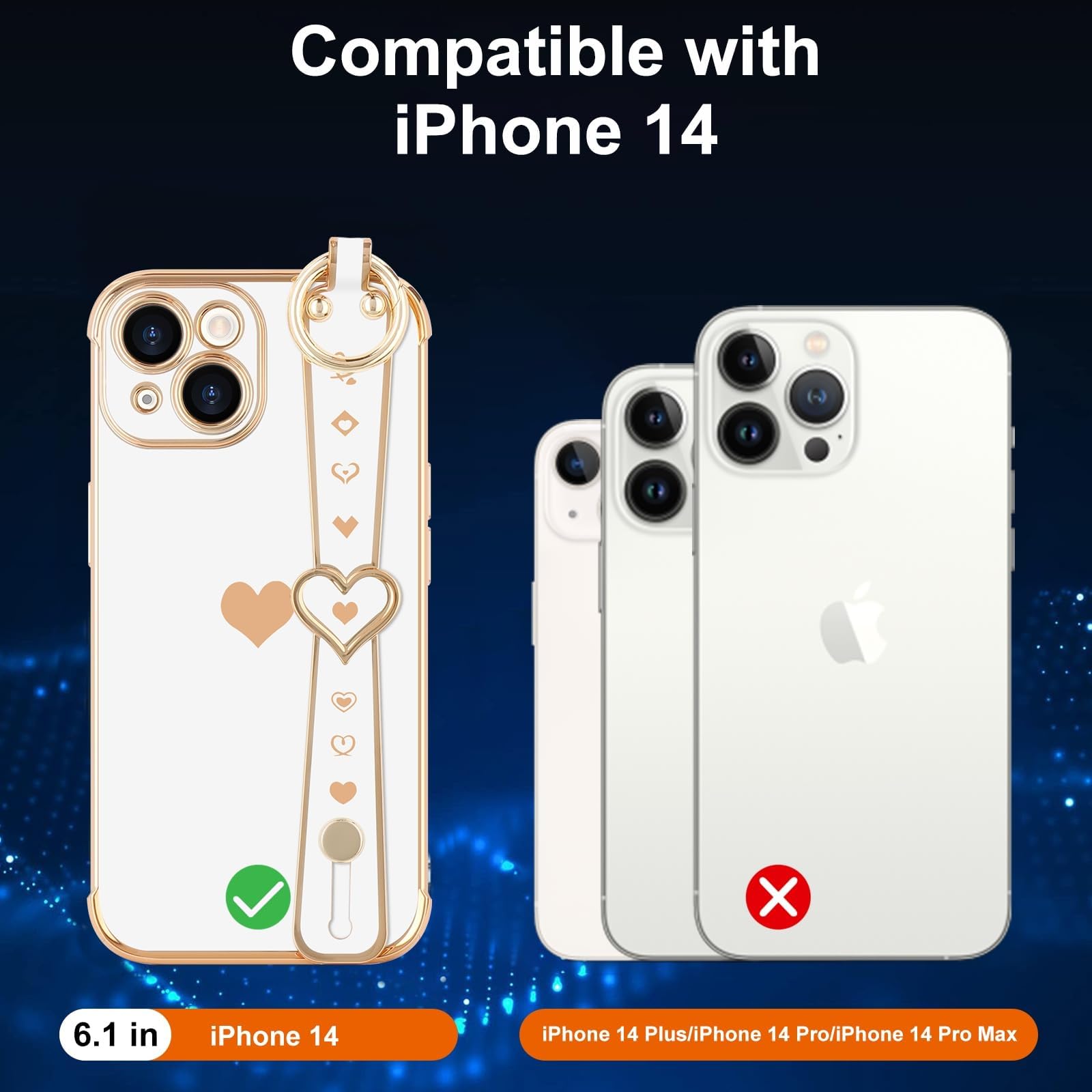 Llz.Coque For Iphone 14 Case Cute Love Heart Plating Strap Phone Cover For Women Girls Bling Soft Silicone Camera Lens Protectio