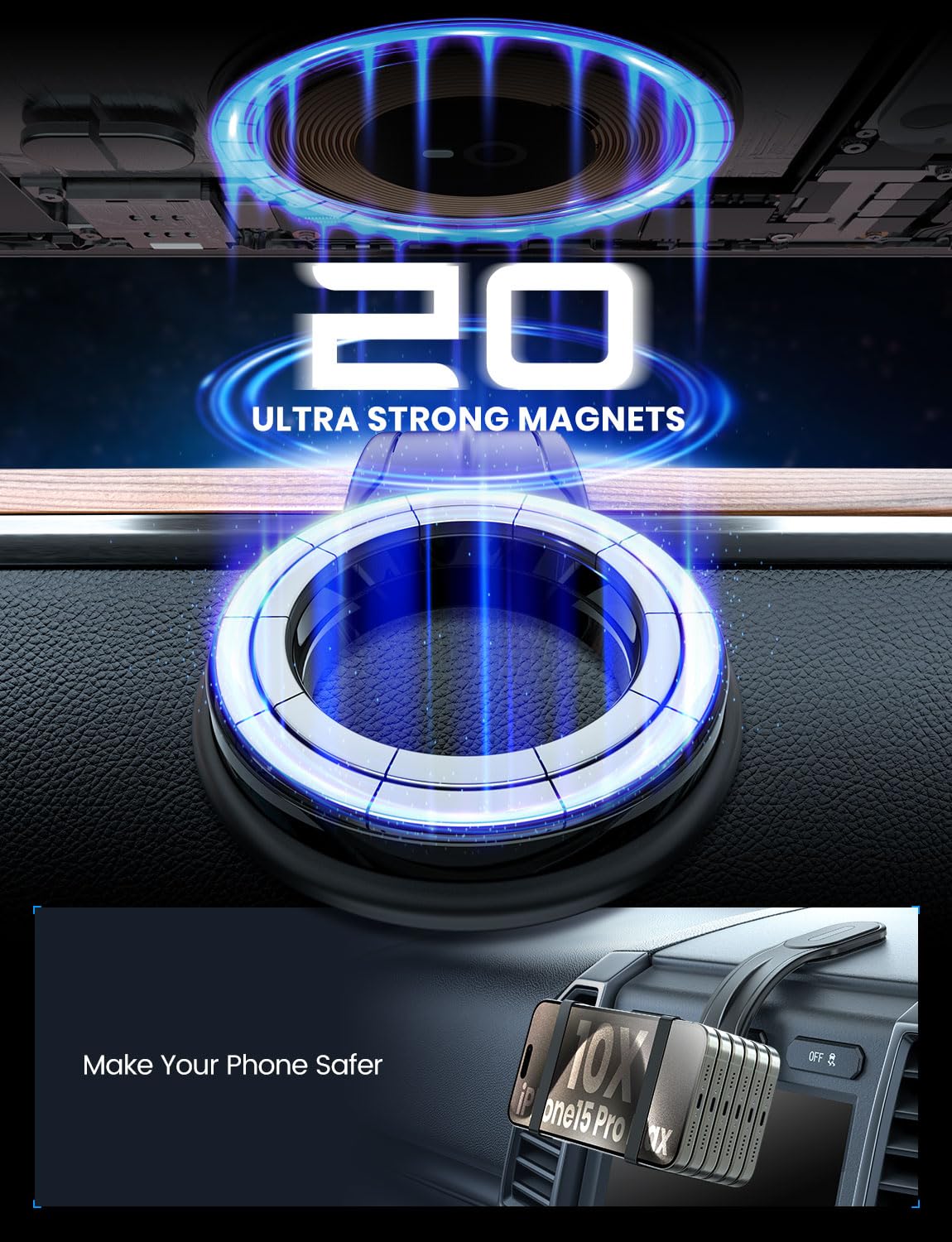 Esamcore For Magsafe Car Mount Detachable, Bendable Aluminum Arm Magnetic Phone Holder For Car?20 Strong Magnets? Cell Phone Mou