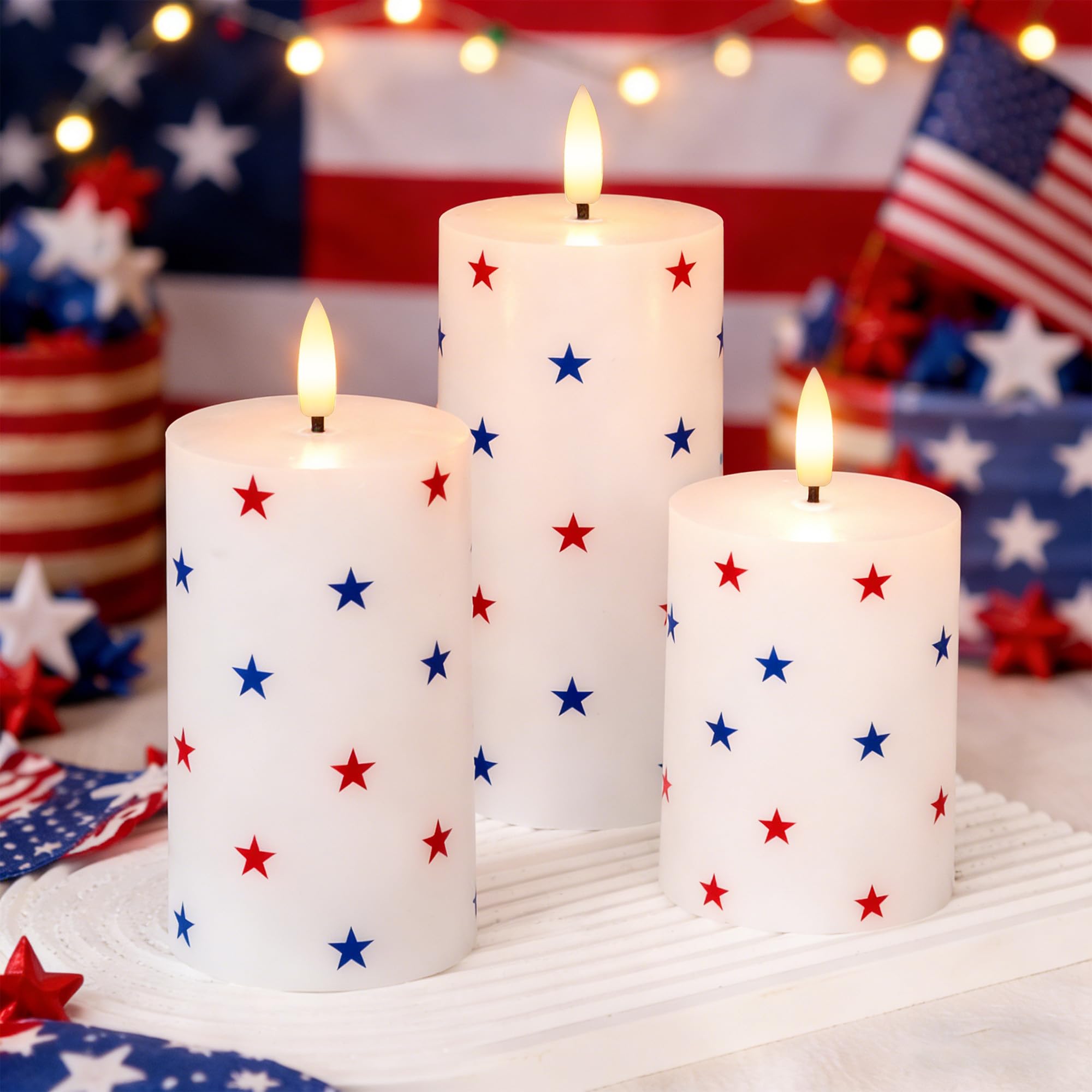 JOIONE 4th of July Flameless Pillar Candles with Remote, 3 Pack Patriotic Battery Operated Real Wax LED Candles, Perfect for Ind