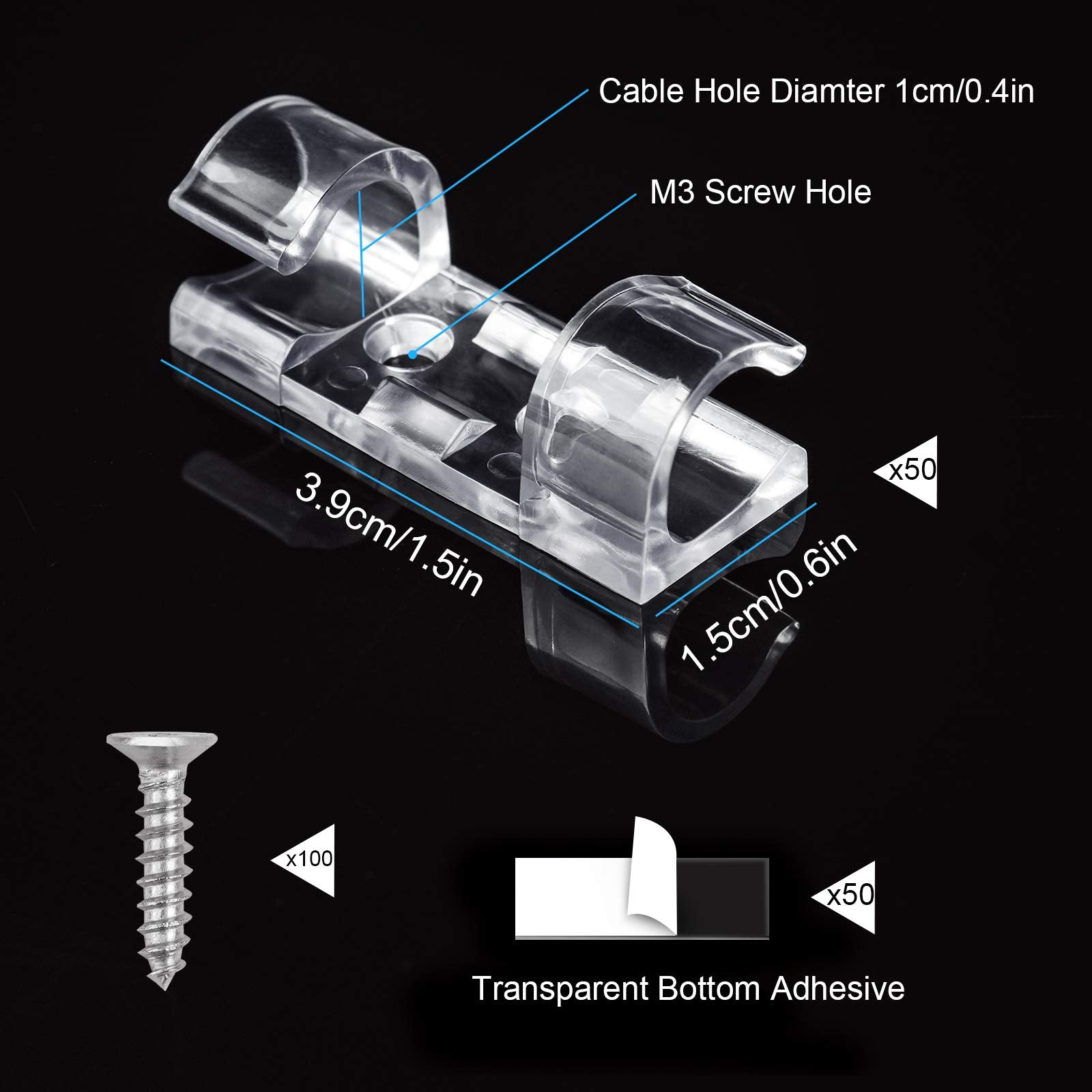 50 Pcs Heavy Duty Cable Clips Transparent With 100 Screws, Attom Tech Clear Self Adhesive Cable Organizer Cord Management System