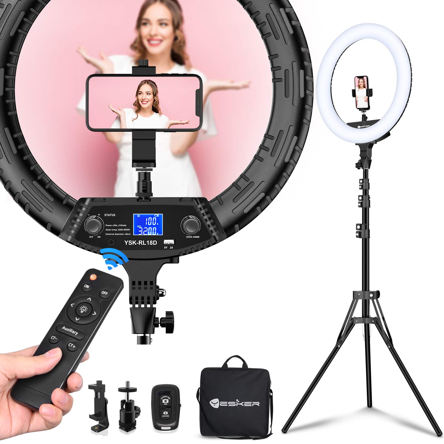 Yesker Ring Light 18'' Wireless Remote Lcd Screen With Tripod Stand 65W Led Ringlight Bi Color 3200 5500K Cri=95 For Portrait Li