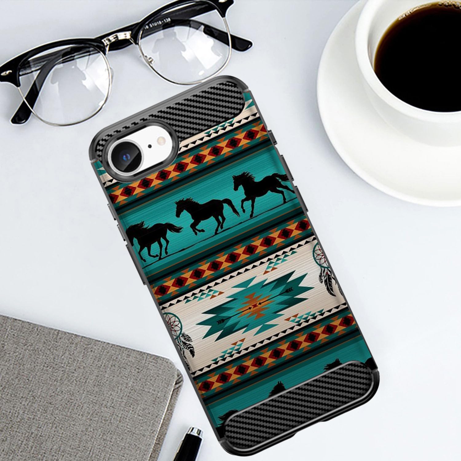 Casesondeck Case Compatible With [Apple Iphone 16E Case] Tribal Floral Matte Tpu Flexible Carbon Fiber Textured (Horse Tribal)