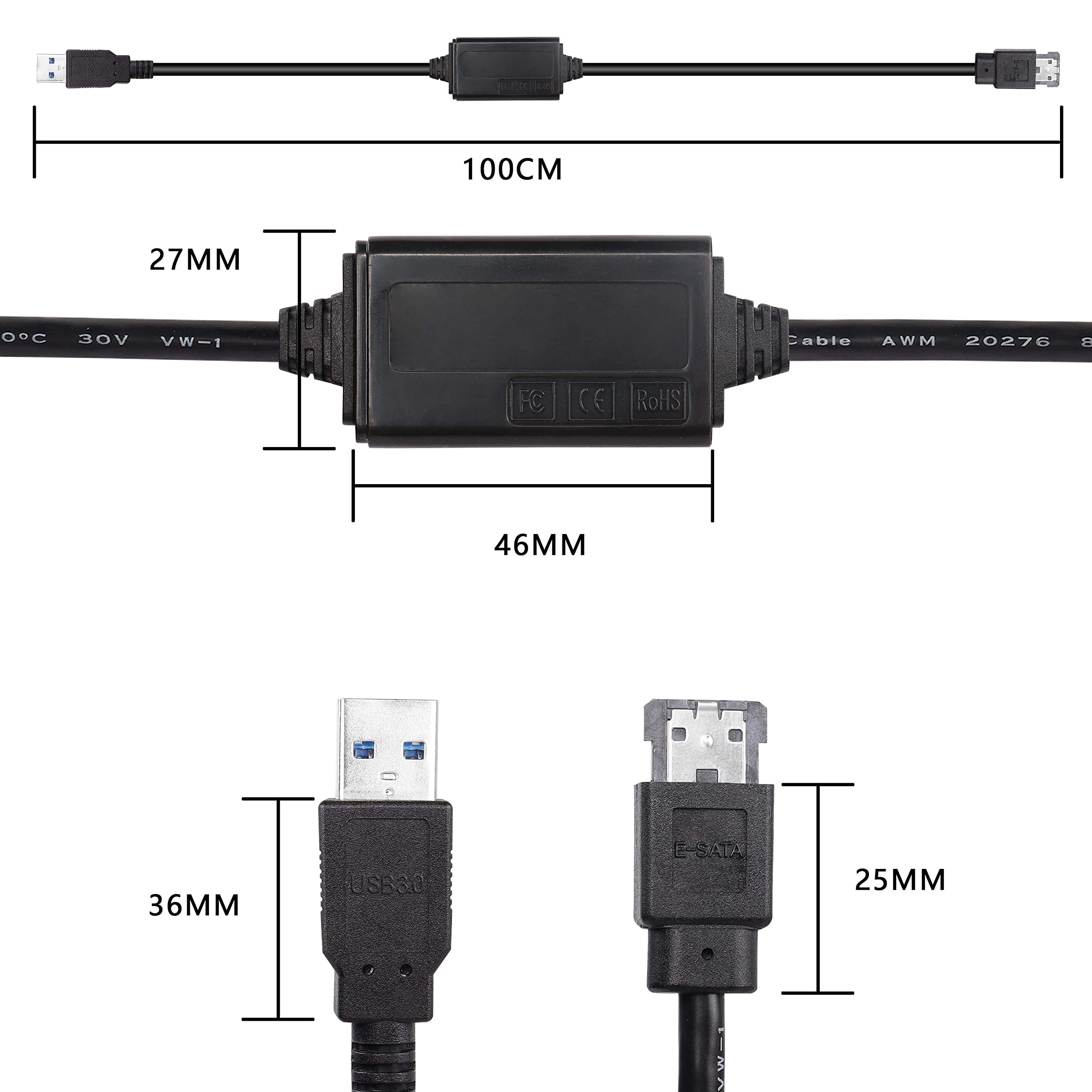 Xmsjsiy Usb To Esata Adapter Cable 5Gbps Usb 3.0 To Power Esata Converter Cable 5V For Hdd/Ssd/Odd Laptop Pc   3 Ft/1M