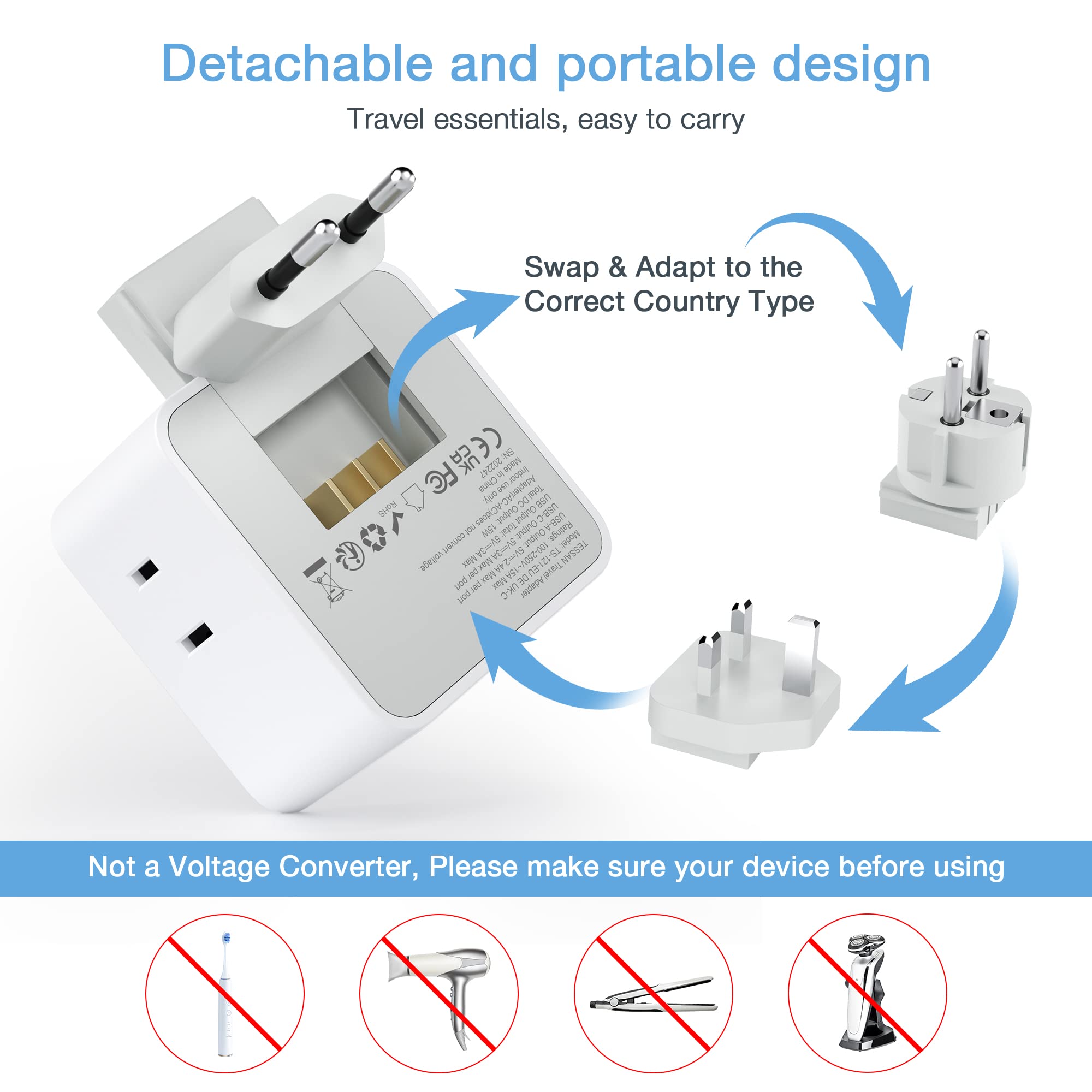 Tessan All European Uk Travel Plug Adapter Kit, International Detachable Converter With 3 Outlet 3 Usb Charger (1 Usb C), Type C