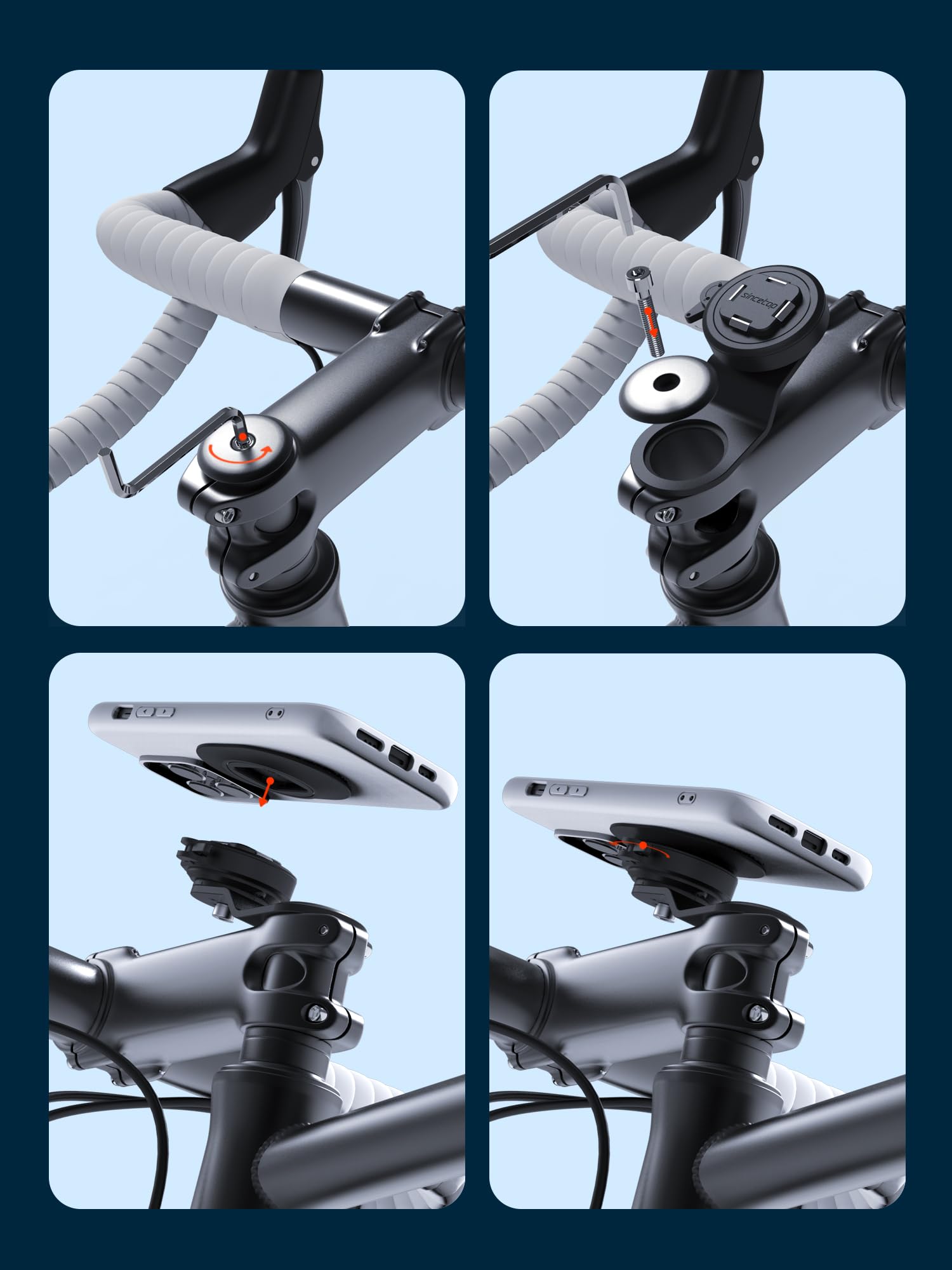 Sincetop Bike Phone Mount - Mountain Bicycle Stem Phone Holder - Series Q [ Quad ] - Quick Lock & Release - Aluminum Handlebar C