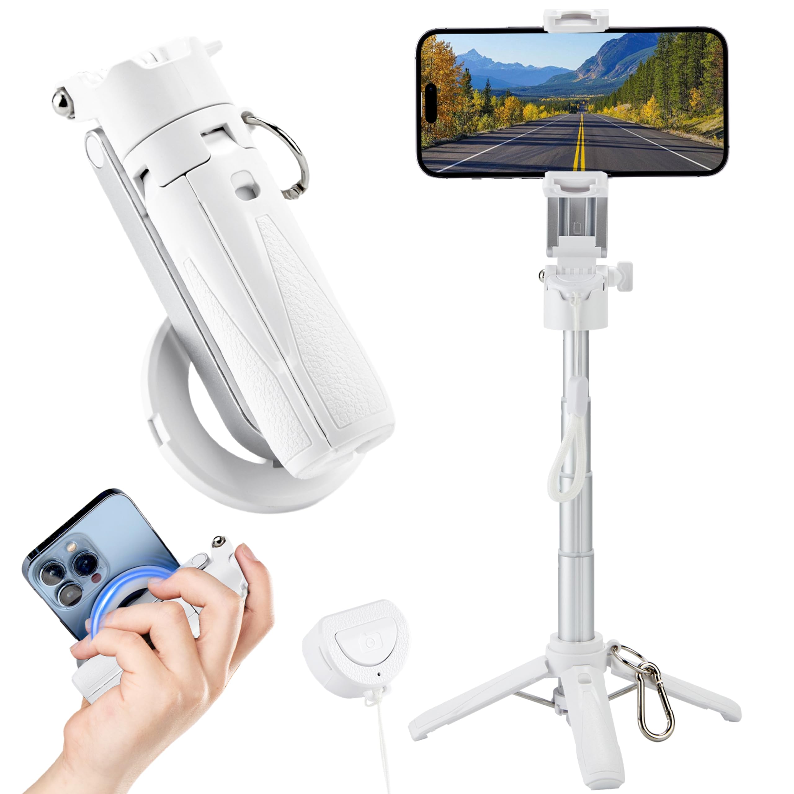 MQOUNY for Magsafe Tripod Stand for iPhone,Portable Pocket Size Selfie Stick with Rechargeable Remote and Metal Ring,Extendable 