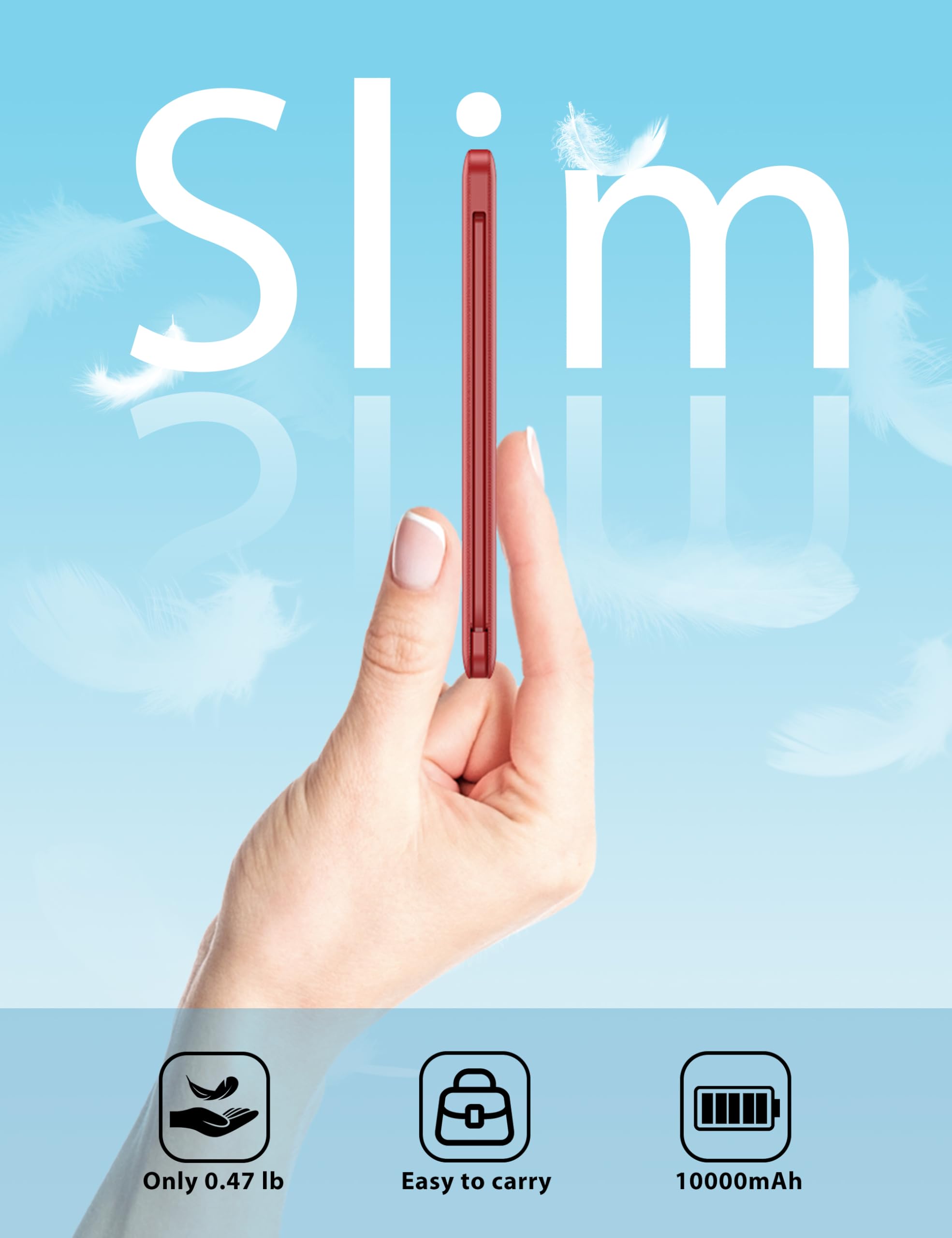 Miisso 10000Mah Slim Portable Charger With Built In Cable, Power Bank Travel Phone Charger External Battery Pack For Phones, 4 O