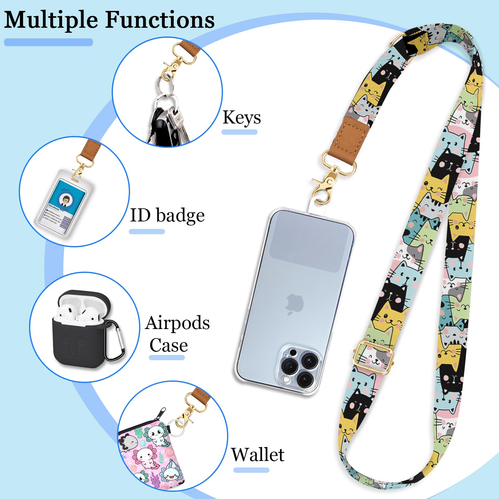 Yonlevres Phone Lanyard Crossbody Phone Strap, Cute Cat Cell Phone Lanyards For Around The Neck Wristlet Wrist Strap, Adjustable