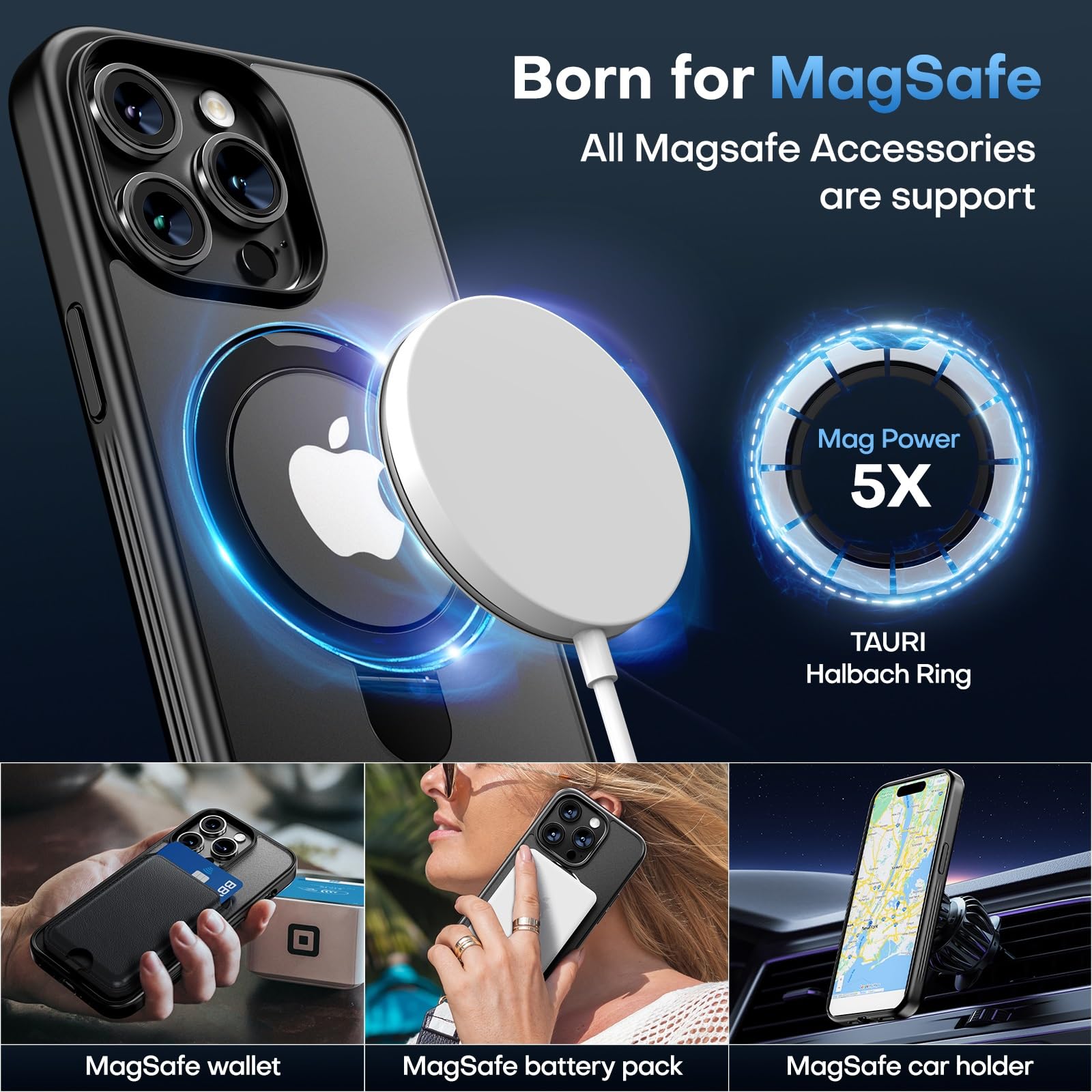 Tauri Magnetic For Iphone 14 Pro Max Case Black, [Designed For Magsafe] With Stand & Ring Holder, Translucent Matte Phone Case