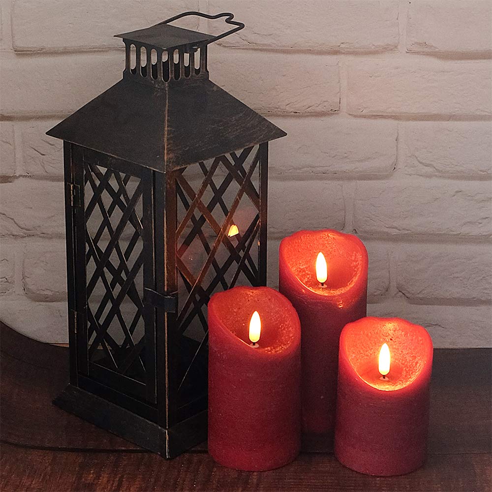 Eldnacele Red Wax Flameless Flickering Candles With 6H Timer, 3D Wick Realistic Battery Operated Pillar Led Candles Set Of 3 For