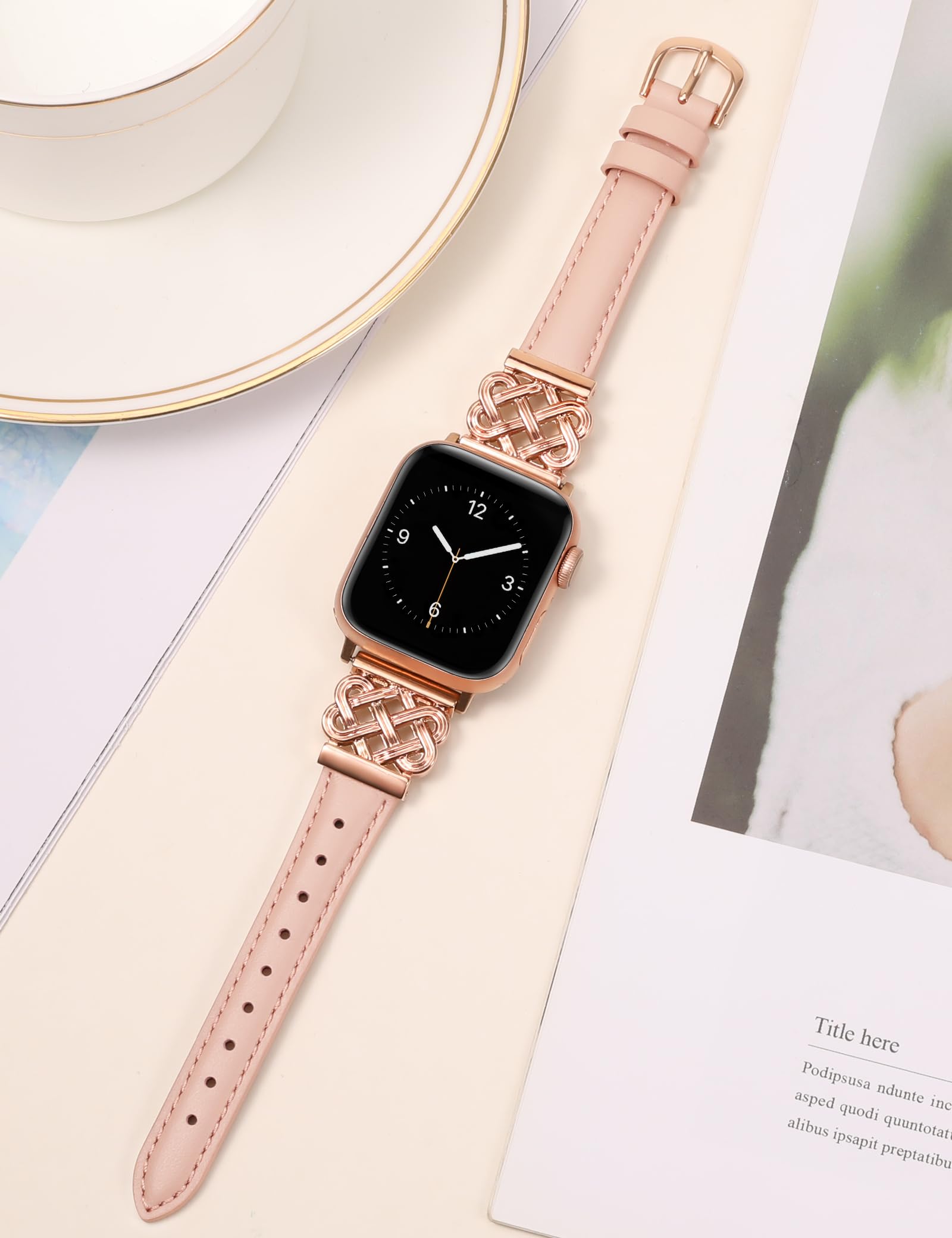 Toyouths Leather Band Compatible With Apple Watch Bands Women 38/40/41/42Mm Dressy Slim Leather Strap With Designer Interlock Bu