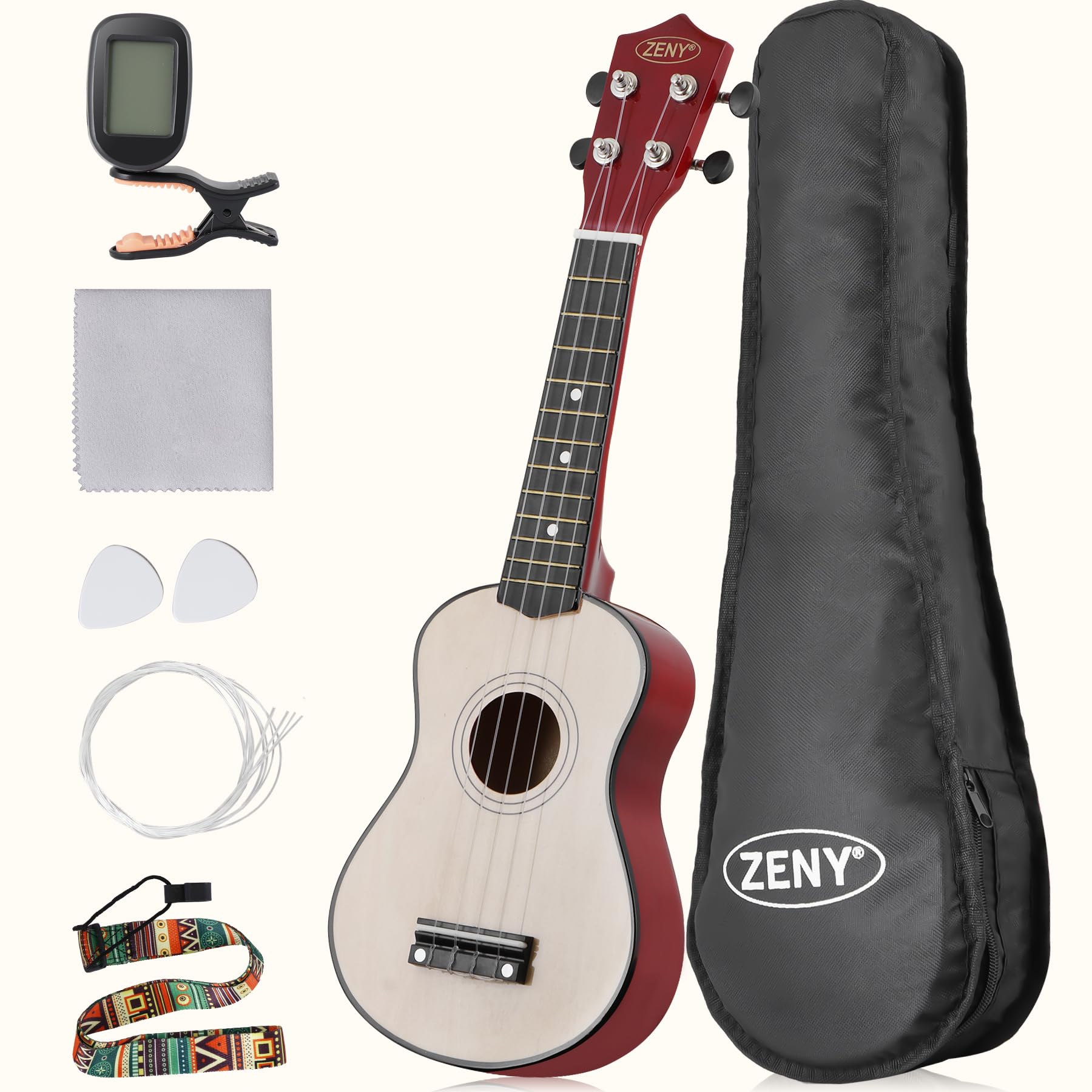 Zeny Soprano Ukulele For Beginners 21 Inch Ukelele Kit For Student Starter With Gig Bag, Strap, Nylon String, Tuner Pick