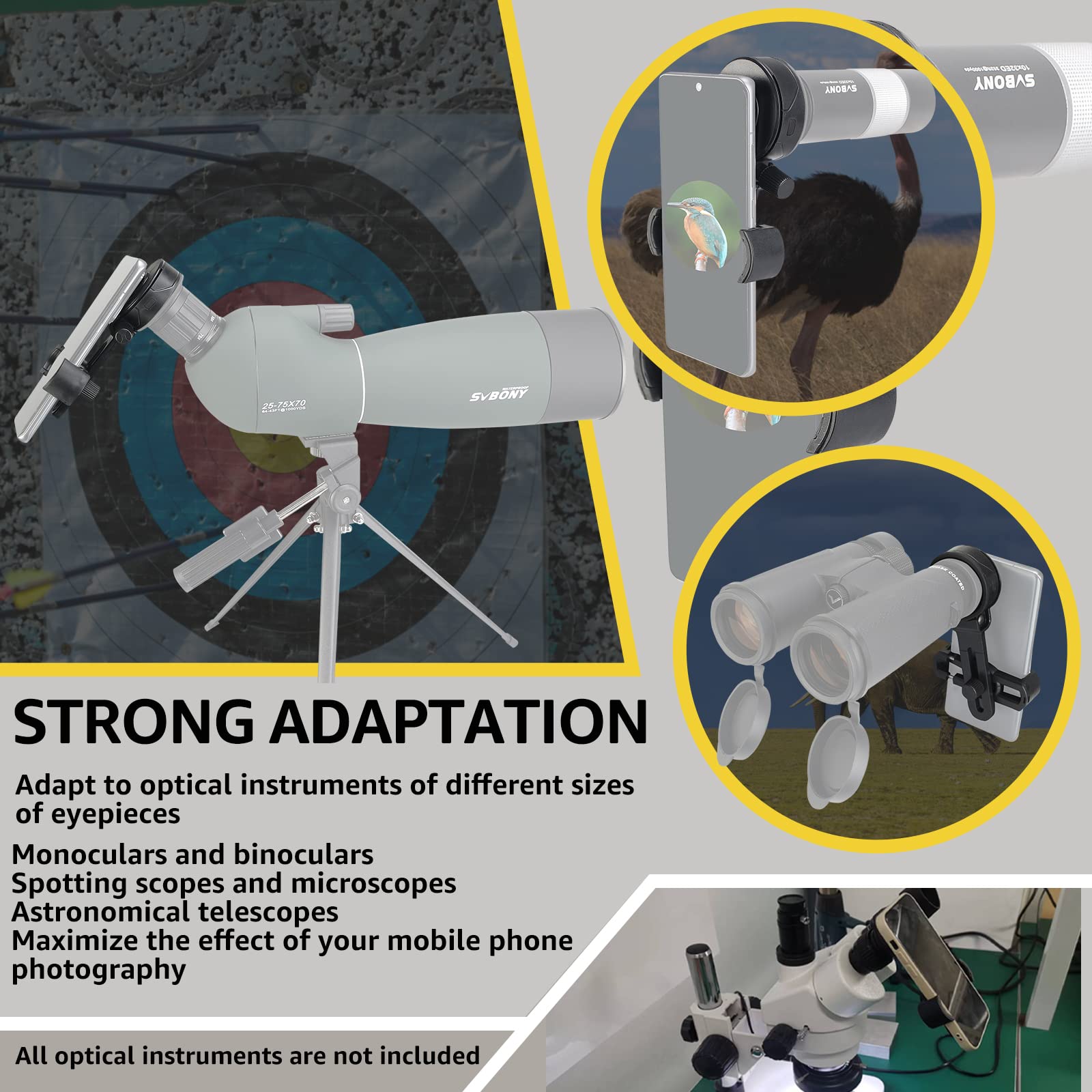Svbony Sv218 Spotting Scope Phone Mount, Universal Cell Phone Adapter Mount Support Eyepiece Diameter 26 To 49.3Mm, Telescope Phone Adapter For Binoculars Monocular Microscope