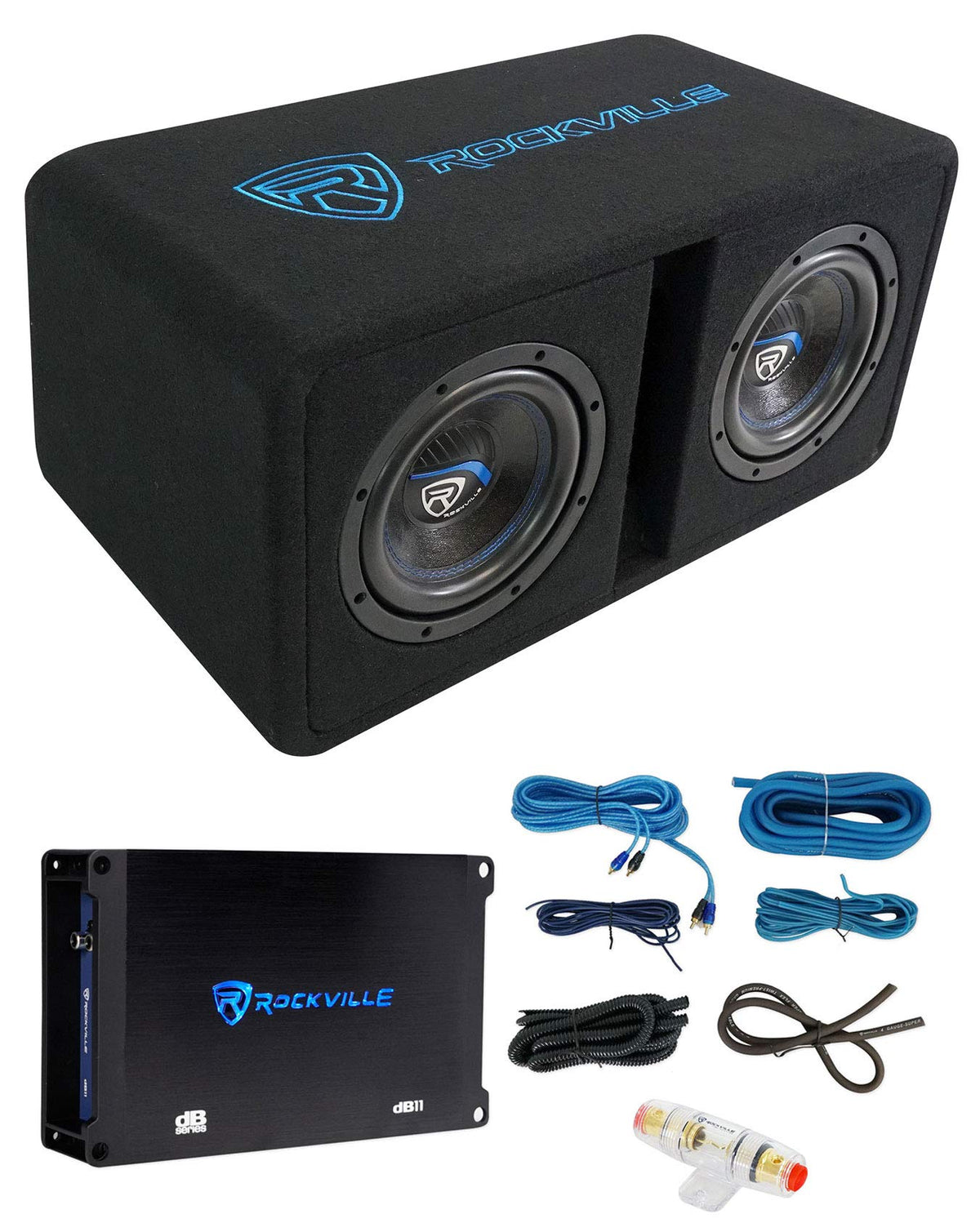 Rockville DK58 PACKAGE Dual 8' 1600w Loaded K5 Car Subwoofer Enclosure+DB11 Amp, Black