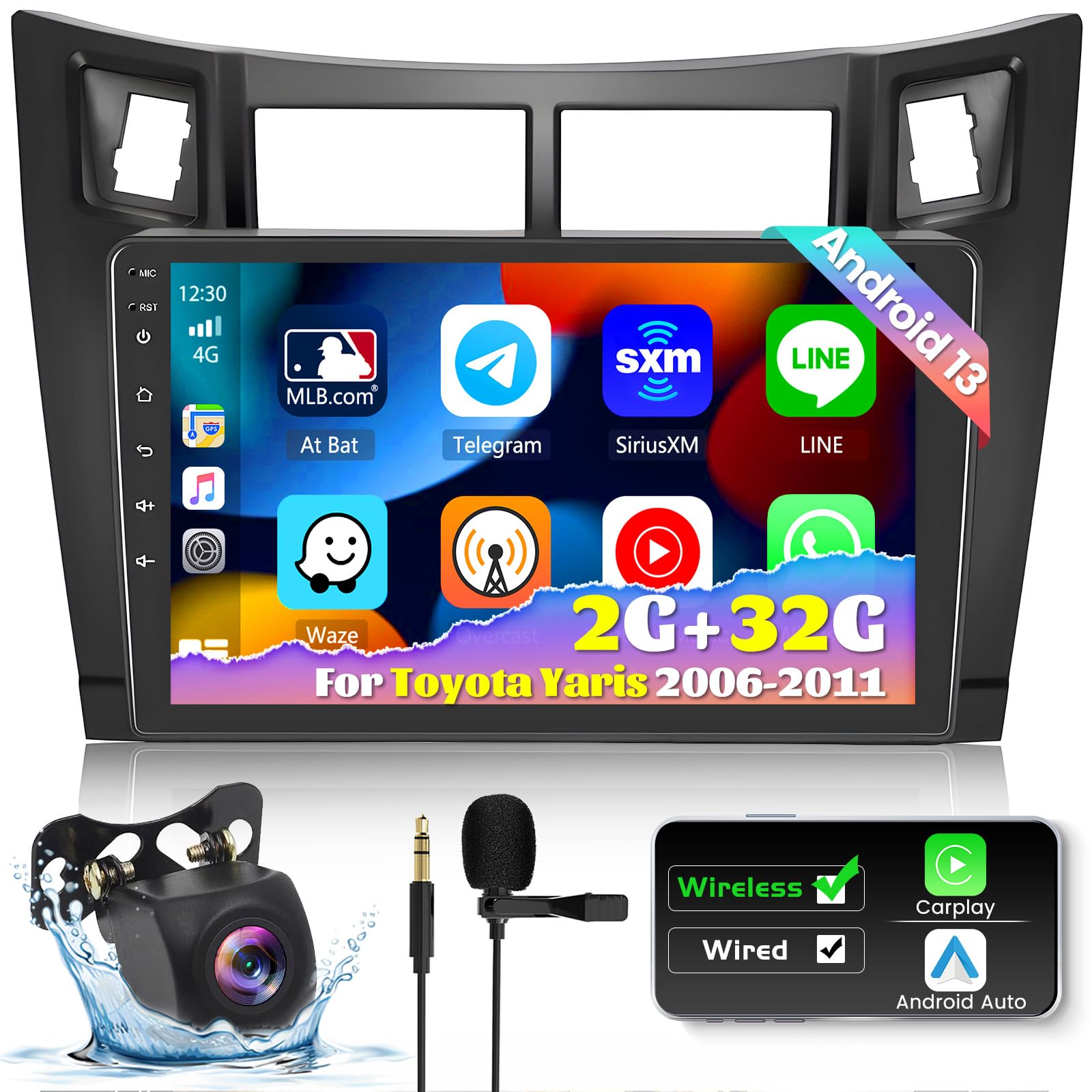 Roinvou 2+32G Android Carplay Stereo For 2006 2011 Toyota Yaris, 9'' Touch Screen In Dash Gps Navigation With Built In Wireless