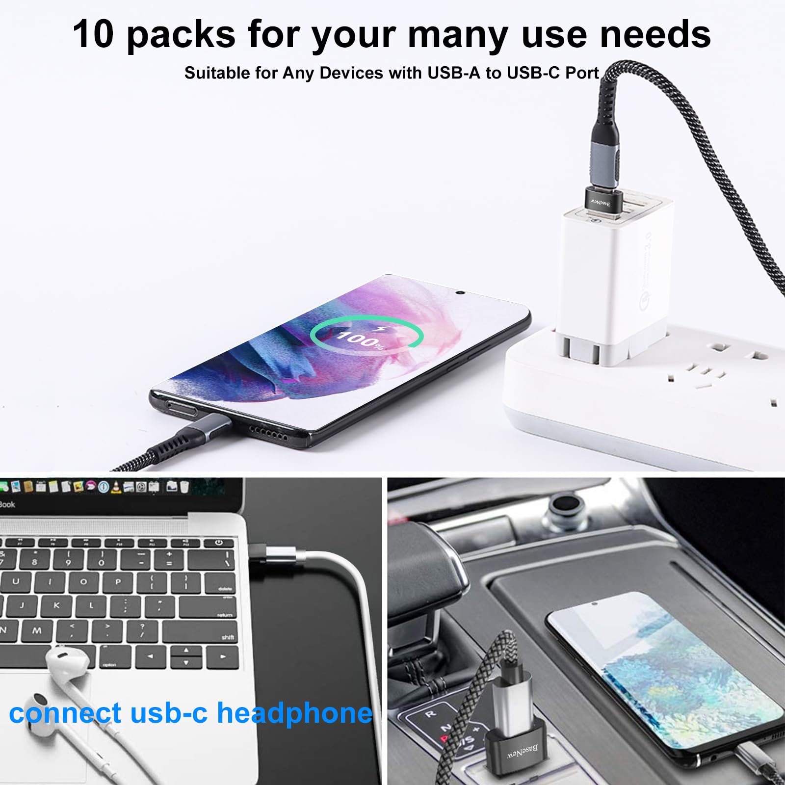 Basenew Usb To Usb C Adapter 10 Pack,Usb A To Usb C Adapter,Usb To Usbc C Adapter,Usb C Adapters,Usb Usbc Adapter,Usb To Usb C C