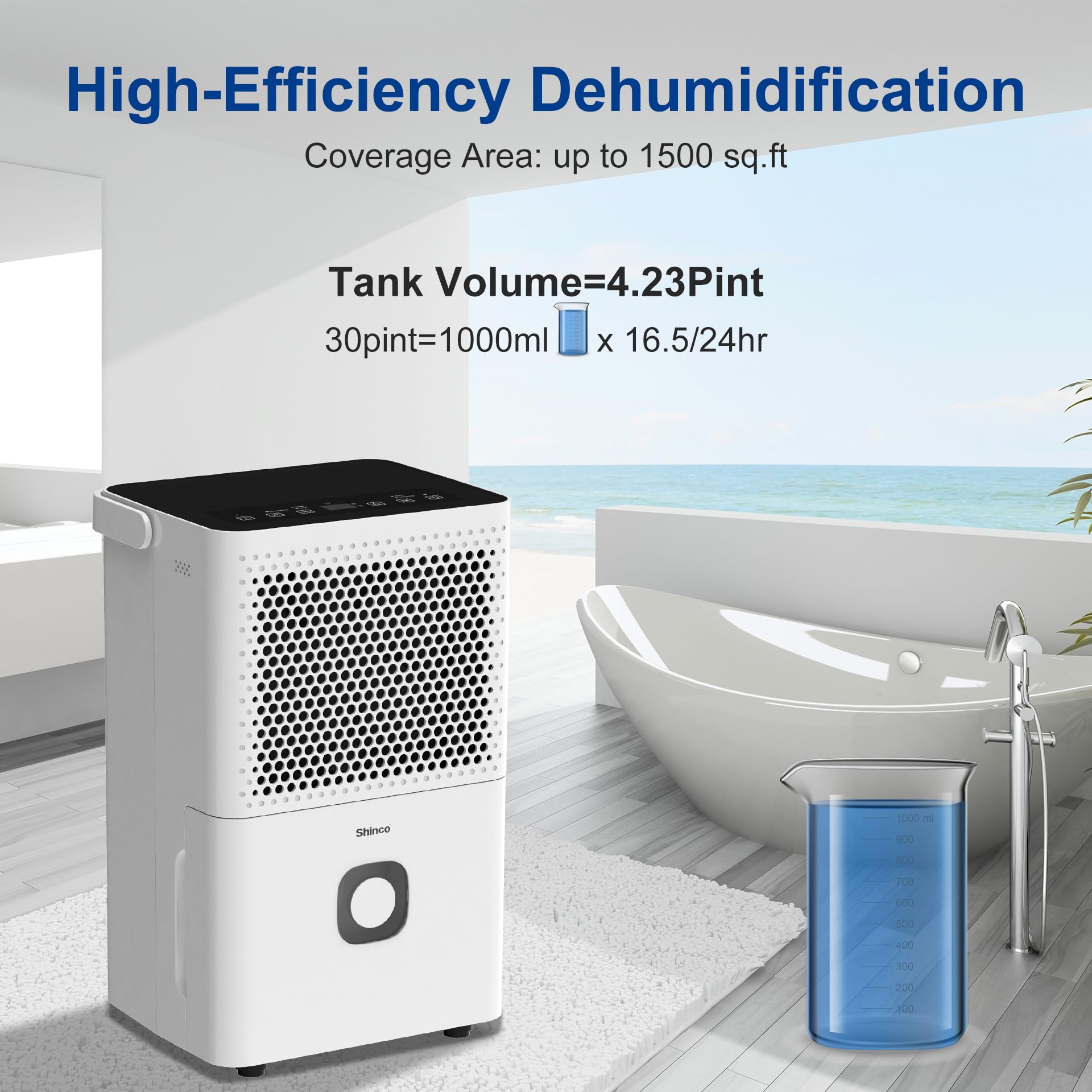 Shinco 30 Pints Dehumidifier For Home And Basements, 1500 Sq.Ft Dehumidifier With Drain Hose, Auto Or Manual Drainage, Auto Defr