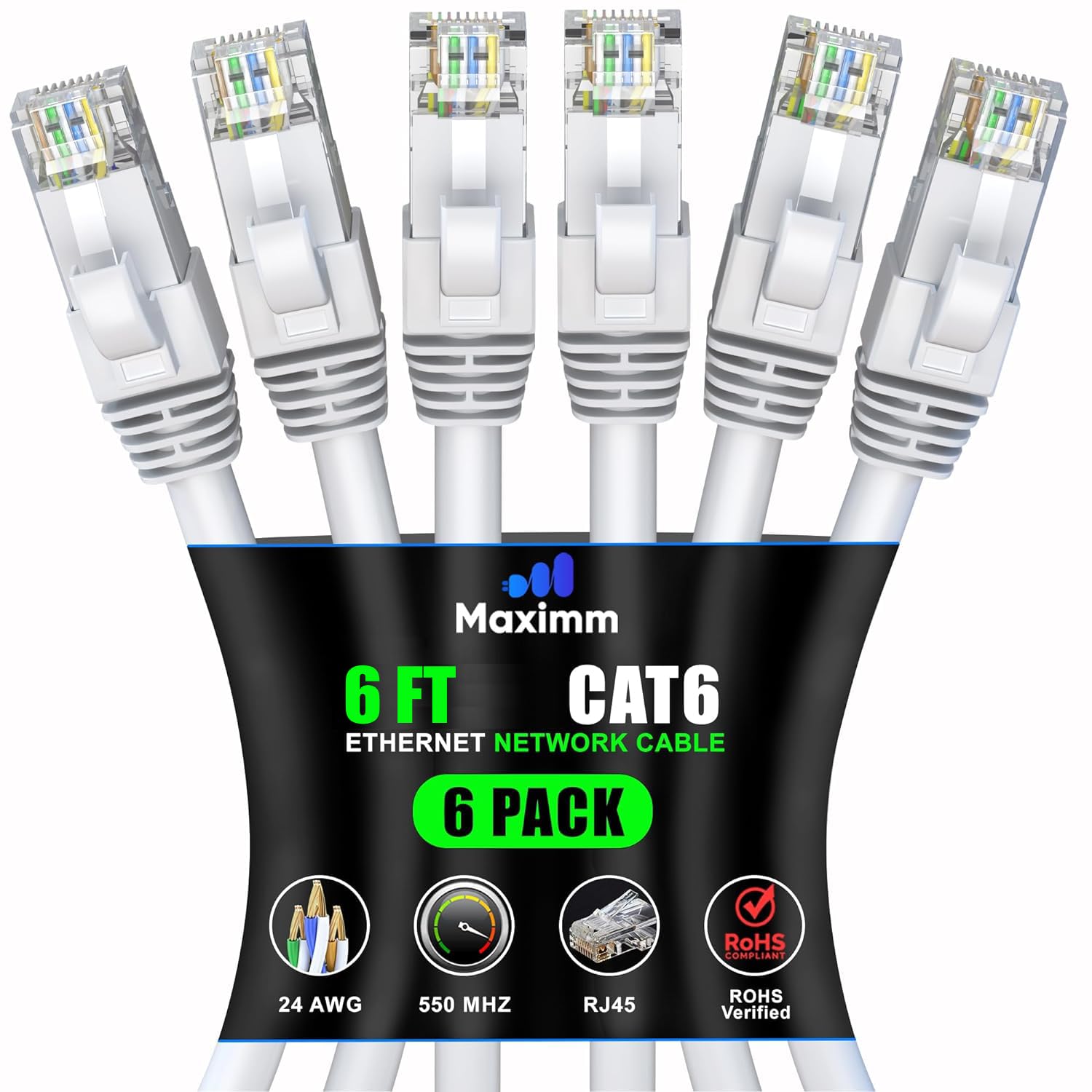 Maximm Cat 6 Ethernet Cable 6 Ft (6 Pack)   High Speed Lan Cable, Internet Cable, Patch Cable, And Network Cable   Utp, 10Gbps, 550Mhz Ethernet Cord   White