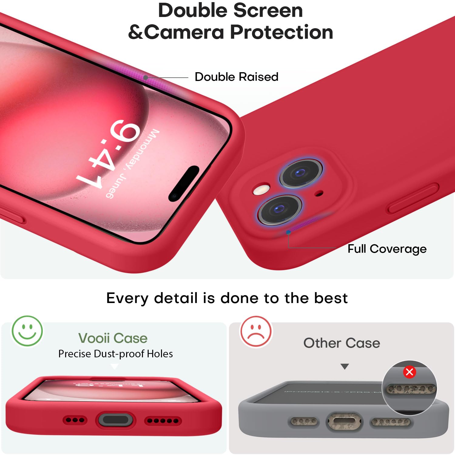 Vooii Compatible With Iphone 15 Case, Upgrade Defender Liquid Silicone, [Enhanced Camera Protection] [Soft Anti Scratch Microfib