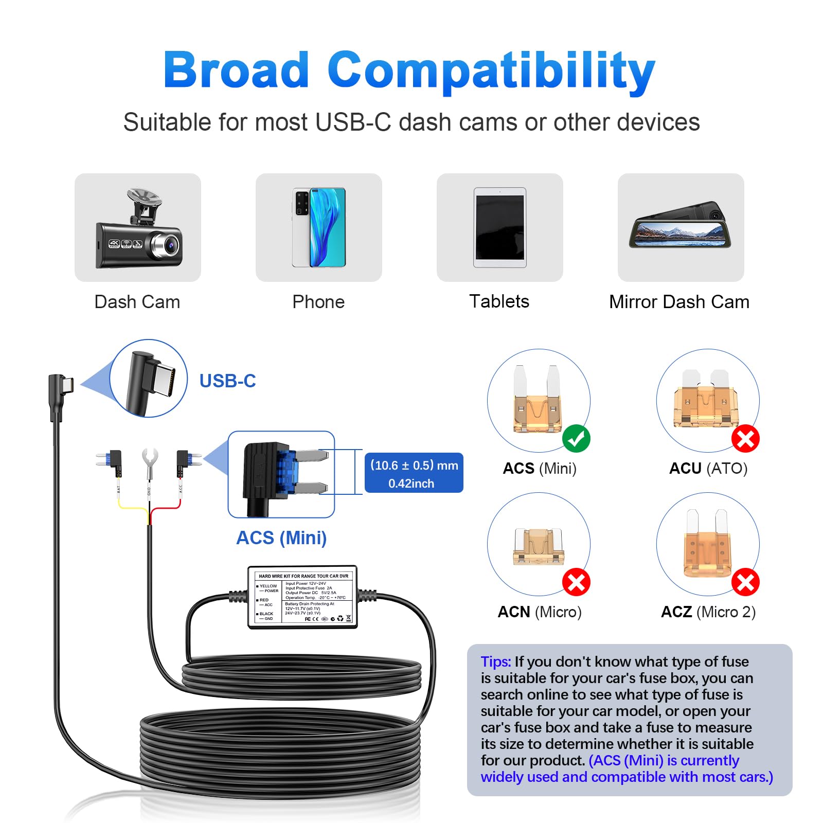 Range Tour Hardwire Kit For Dash Cam, 12V 24V To 5V 2.5A Car Dash Camera Charger Power Cord Usb C Hard Wire Kit Fuse For Dashcam