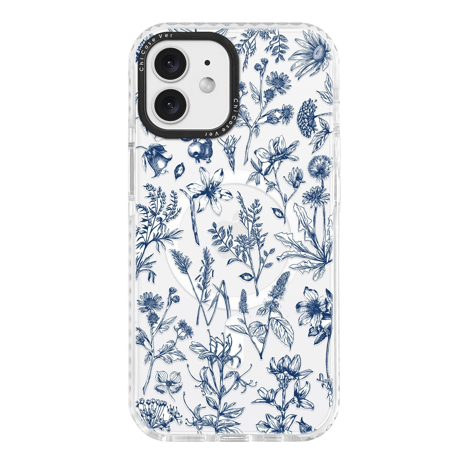 ChiCaseVer for iPhone 12 & iPhone 12 Pro Case, Blue White Toile Floral Botanical Pattern, Wildflower TPU Compatible with MagSafe