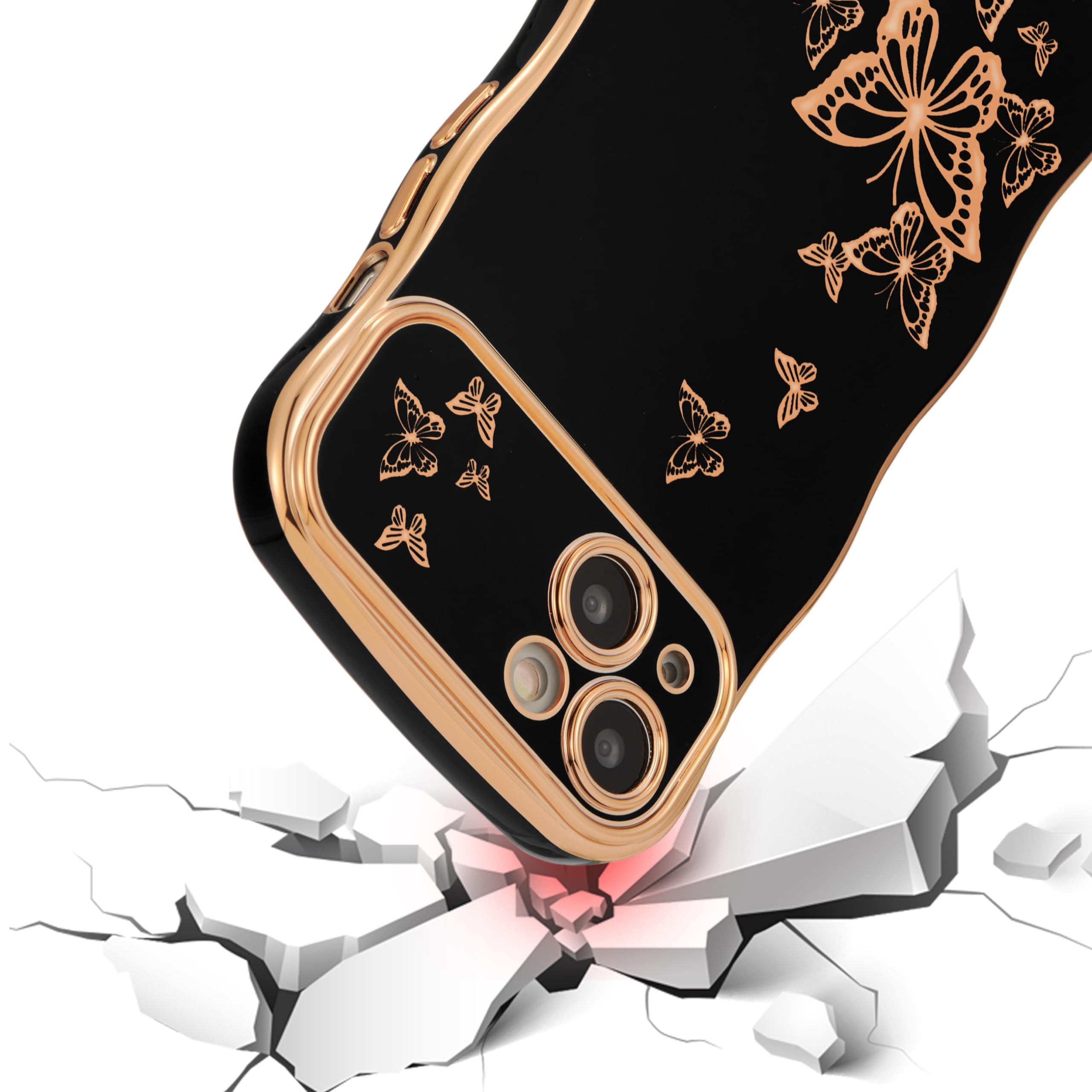 Ztofera For Iphone 13 Case For Girl Women, Cute Curly Wave Frame With Luxury Plating Butterfly Pattern, Soft Tpu Electroplated E