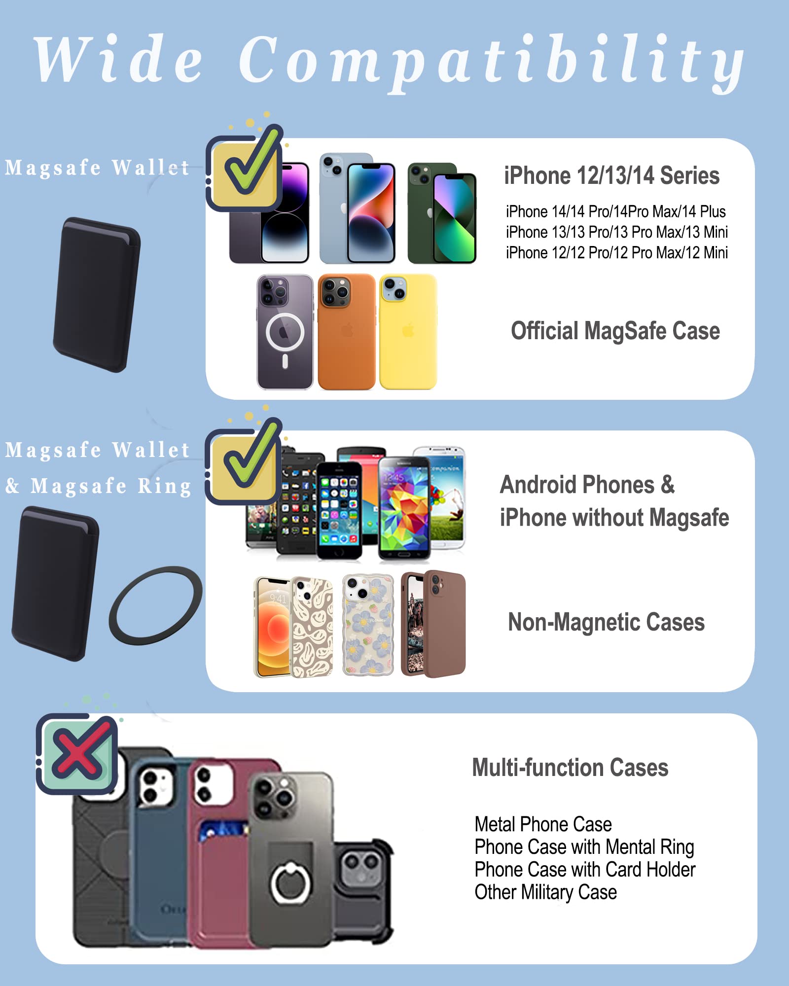 Meroqeel Magnetic Card Wallet Holder With Ring For Magsafe Iphone 14/13 / 12 Mini Plus And Pro Max Series, Leather Mag Safe Cell