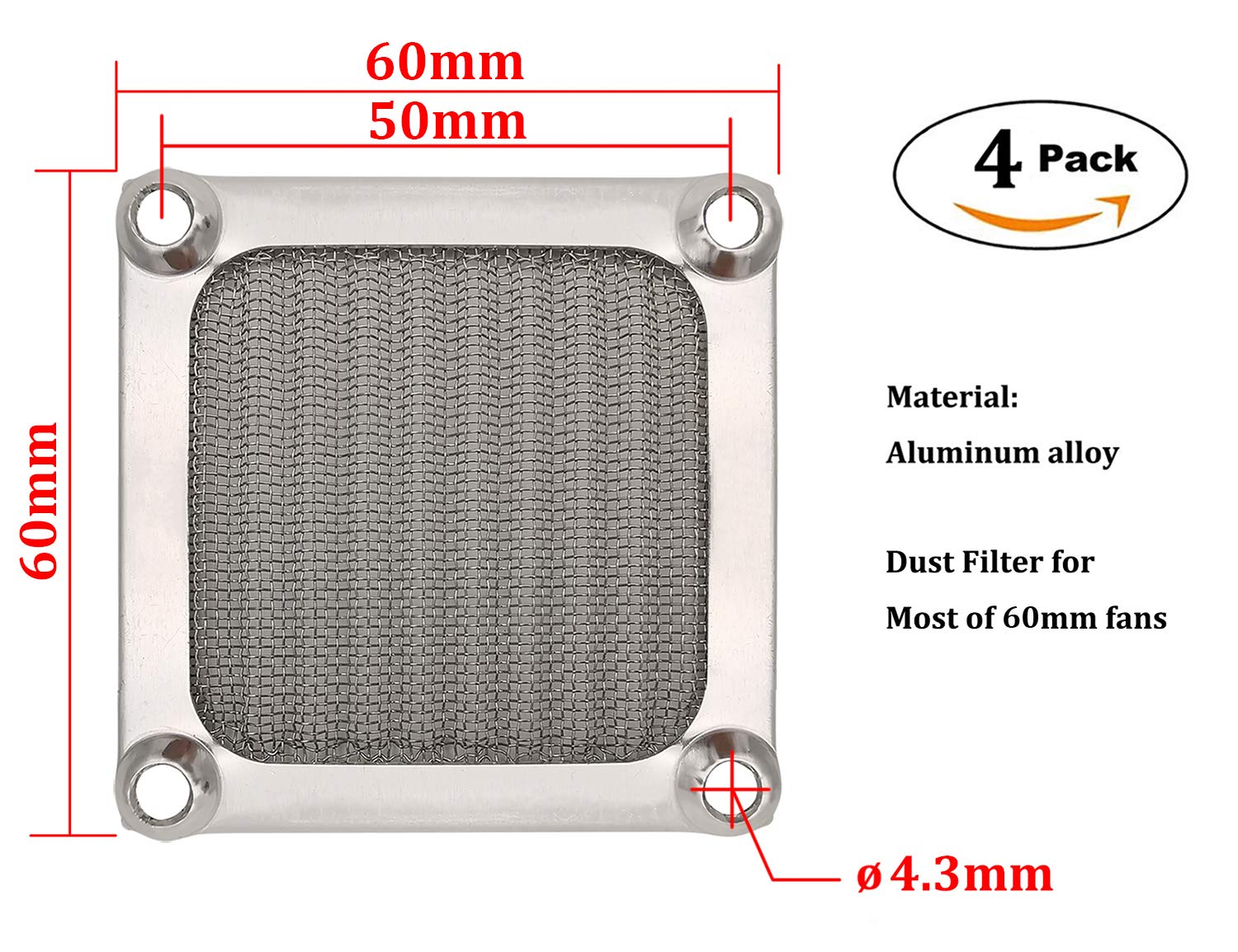 60Mm Computer Case Fan Filter Grills With Screws, Aluminum Frame Ultra Fine Stainelss Steel Mesh, Silver Color - 4 Pack