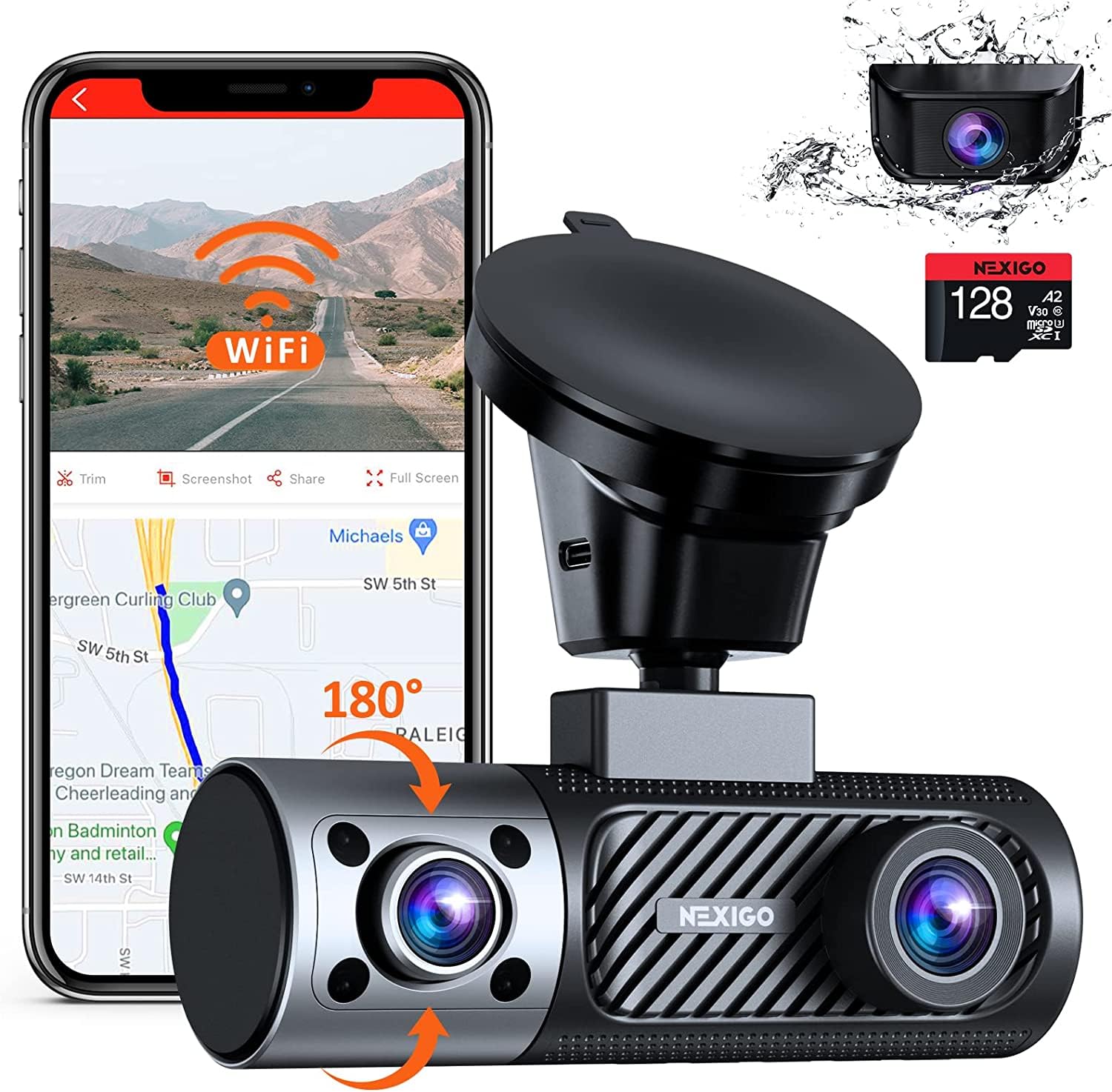 Nexigo 3 Channel Dash Cam With Rotatable Interior/Front Camera, Sony_Sensors, Front And Rear With Cabin, 4K/2K 1440P+1080P+1080P, Super Night Vision, 24H Parking Mode, Gps, Wifi, 128G Sd Card Included