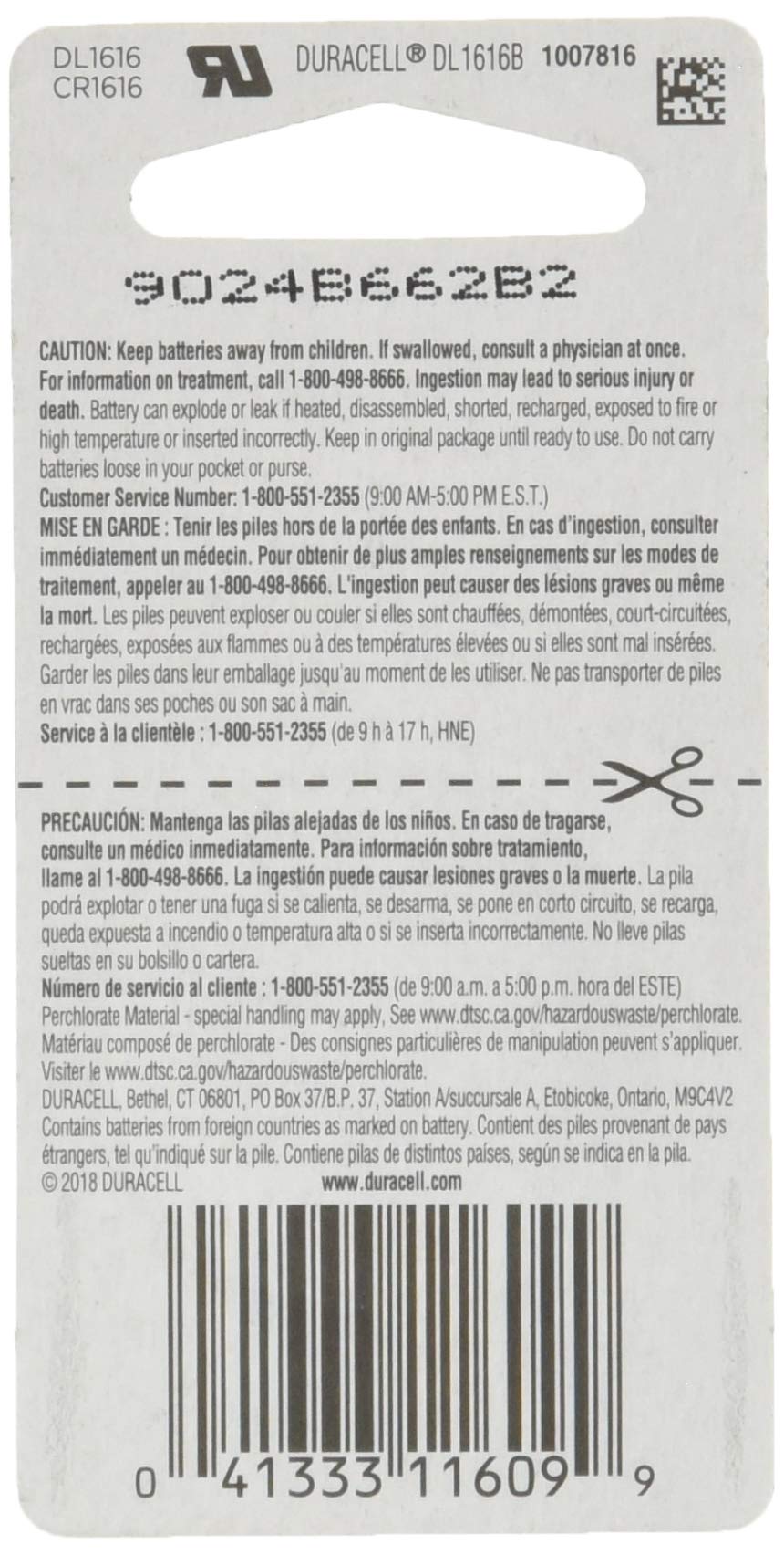 Duracell Dl1616Bpk Lithium Coin Battery, 1616 Size, 3V, 55 Mah Capacity (Case Of 6)