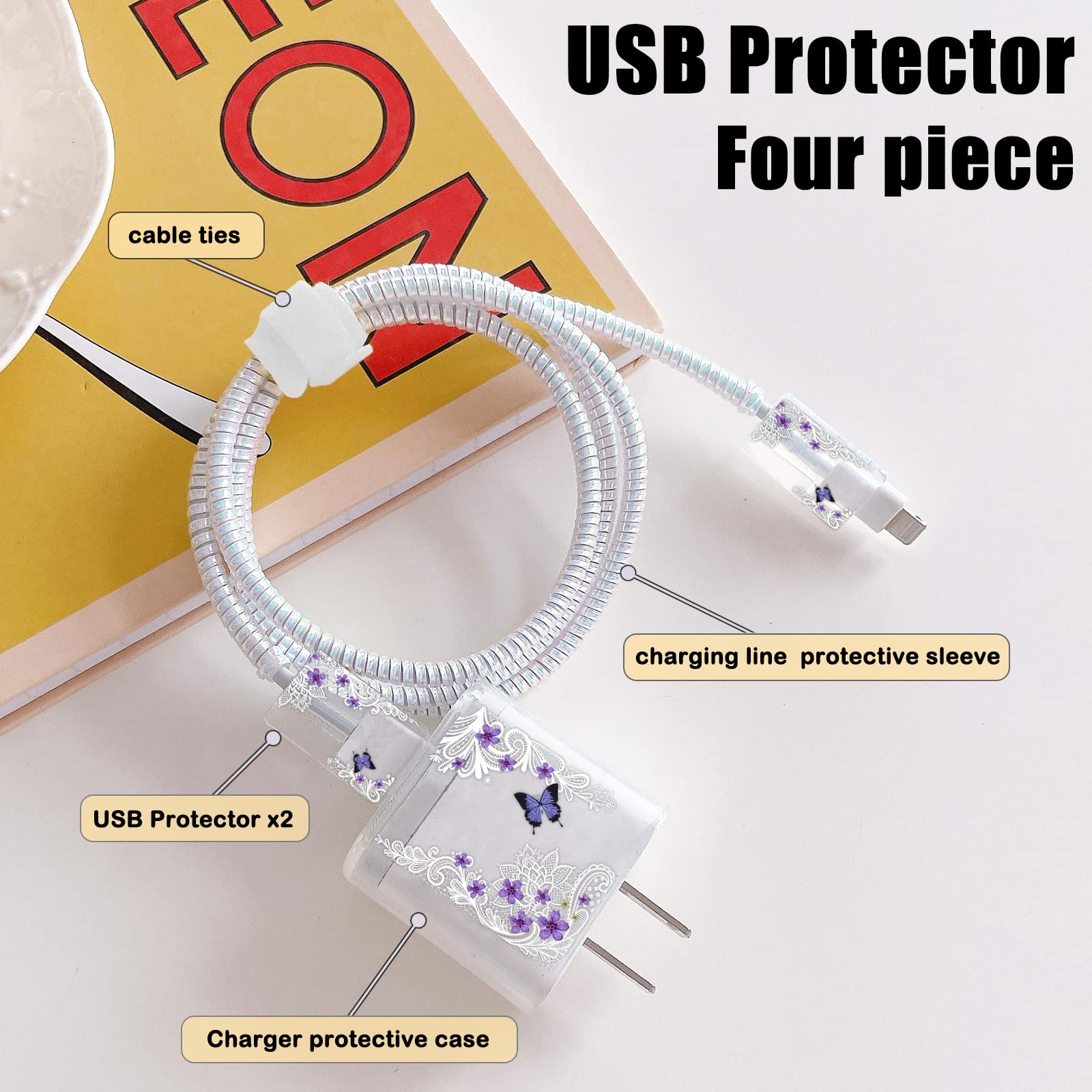 Cute Diy Protectors Cable Protector For Iphone Charger,Elegant White Lace Pattern,Data Cable Usb Charger Data Line Earphone Wire
