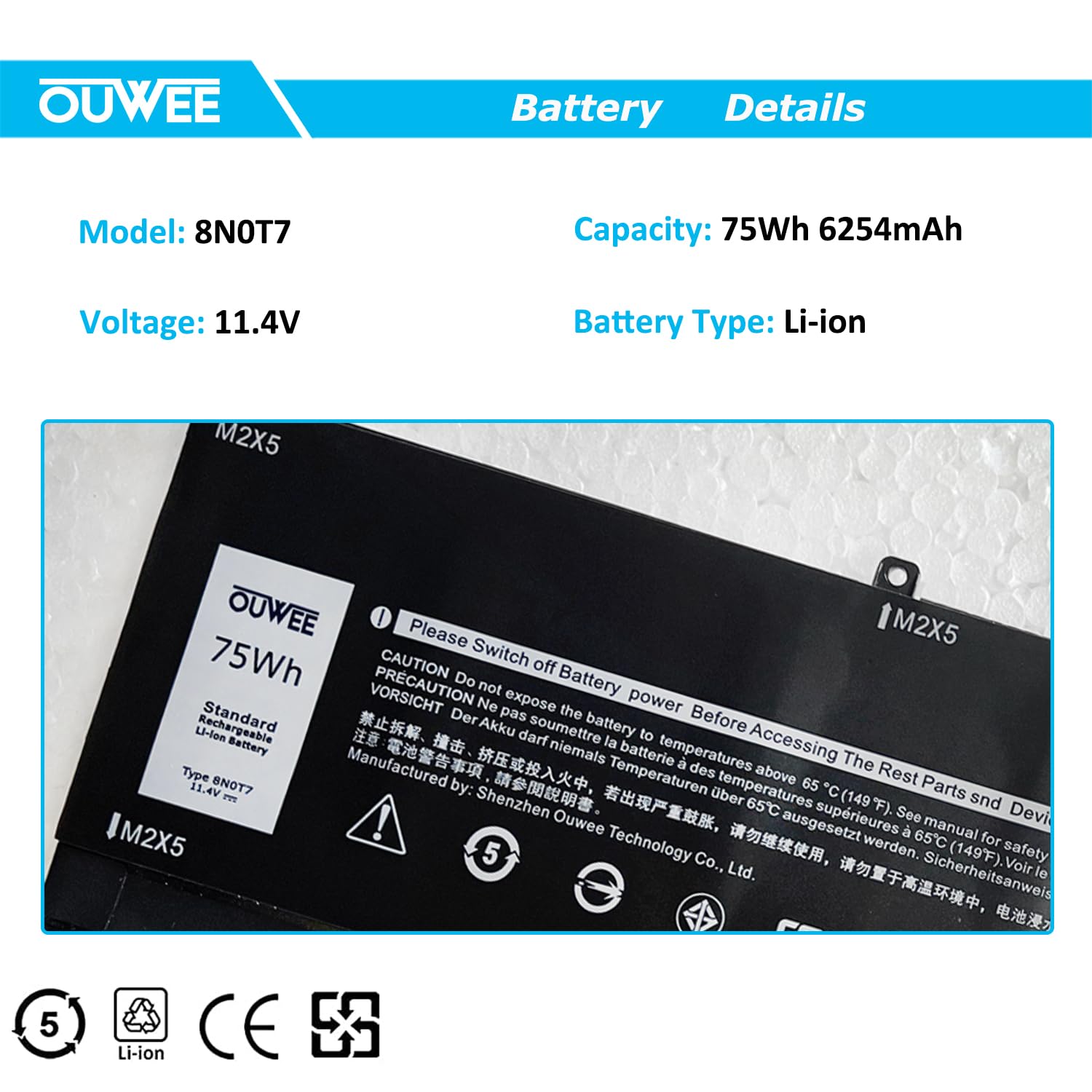 Ouwee 8N0T7 Laptop Battery Compatible With Dell Xps 15 9575 Precision 5530 2 In 1 Series Notebook 8N0T7 08N0T7 Tmfyt 0Tmfyt 11.4