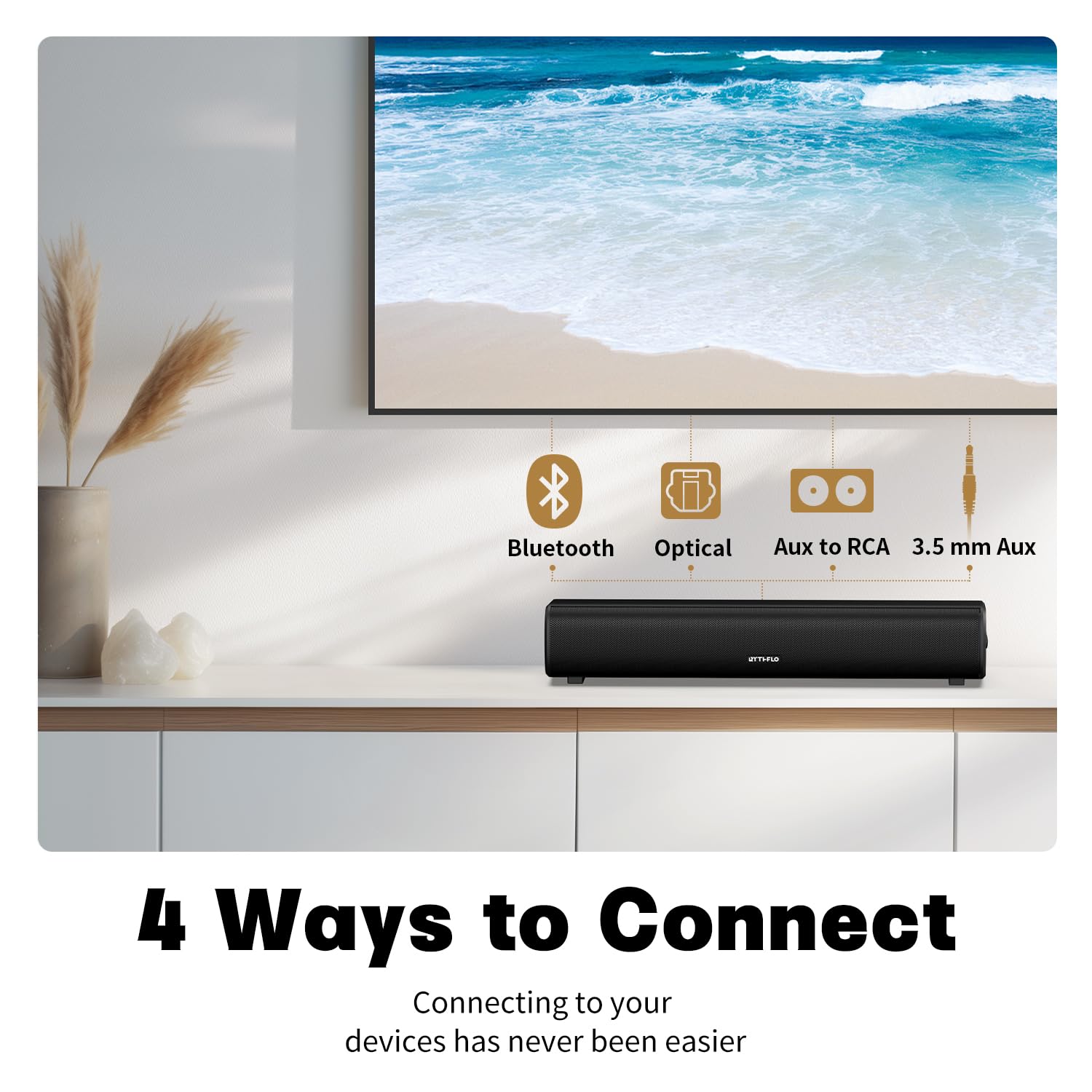 Rythflo 16" Sound Bar for Smart TV, 60W, Metal, Black, Model SK300 Li, Bluetooth/Optical/AUX, Wall Mountable, Impactful Bass