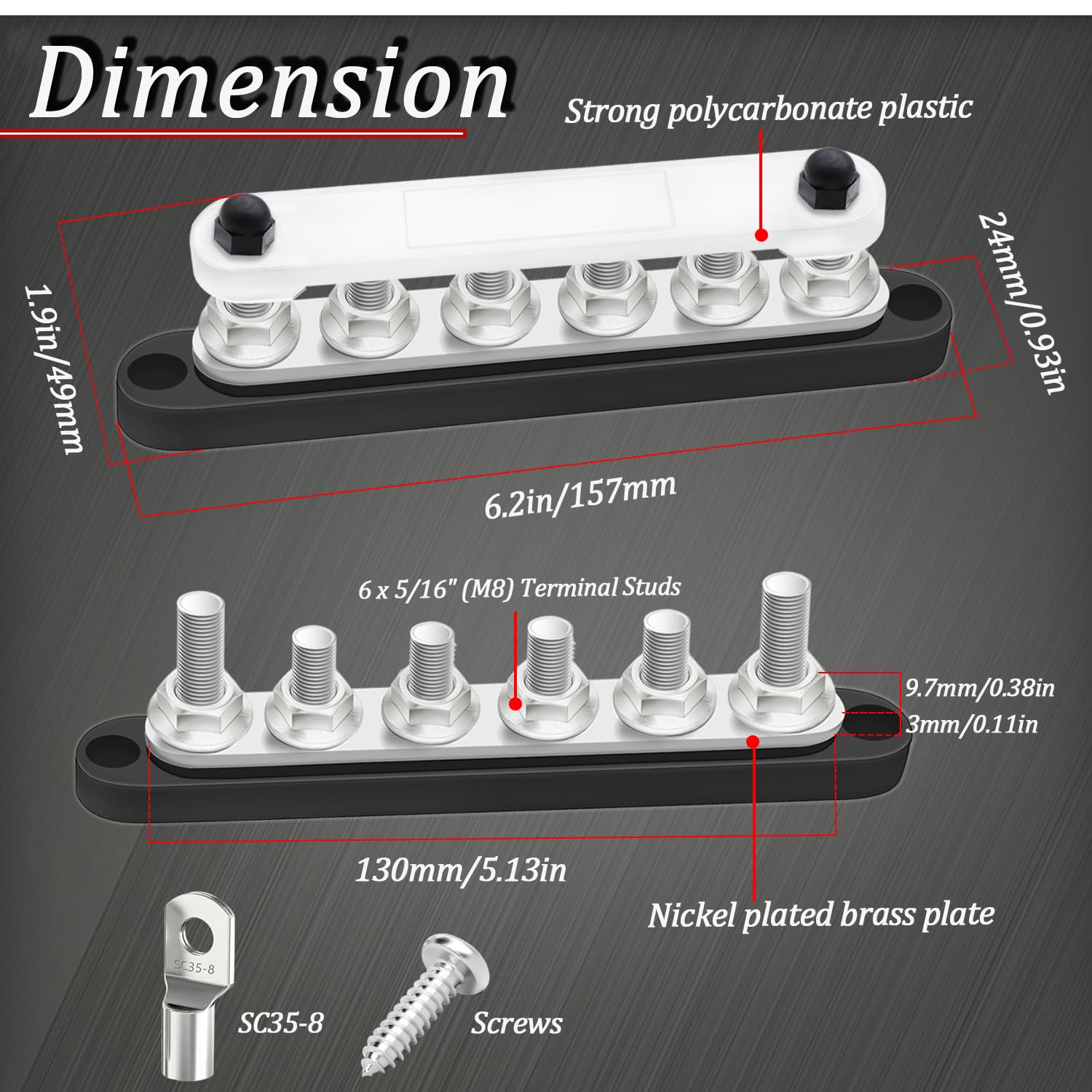 Maierke 250A Bus Bar 12V Marine 6 X 5/16'' (M8) Terminal Studs 12V 48V Power Distribution Block With Cover,With 6Pcs Battery Lug