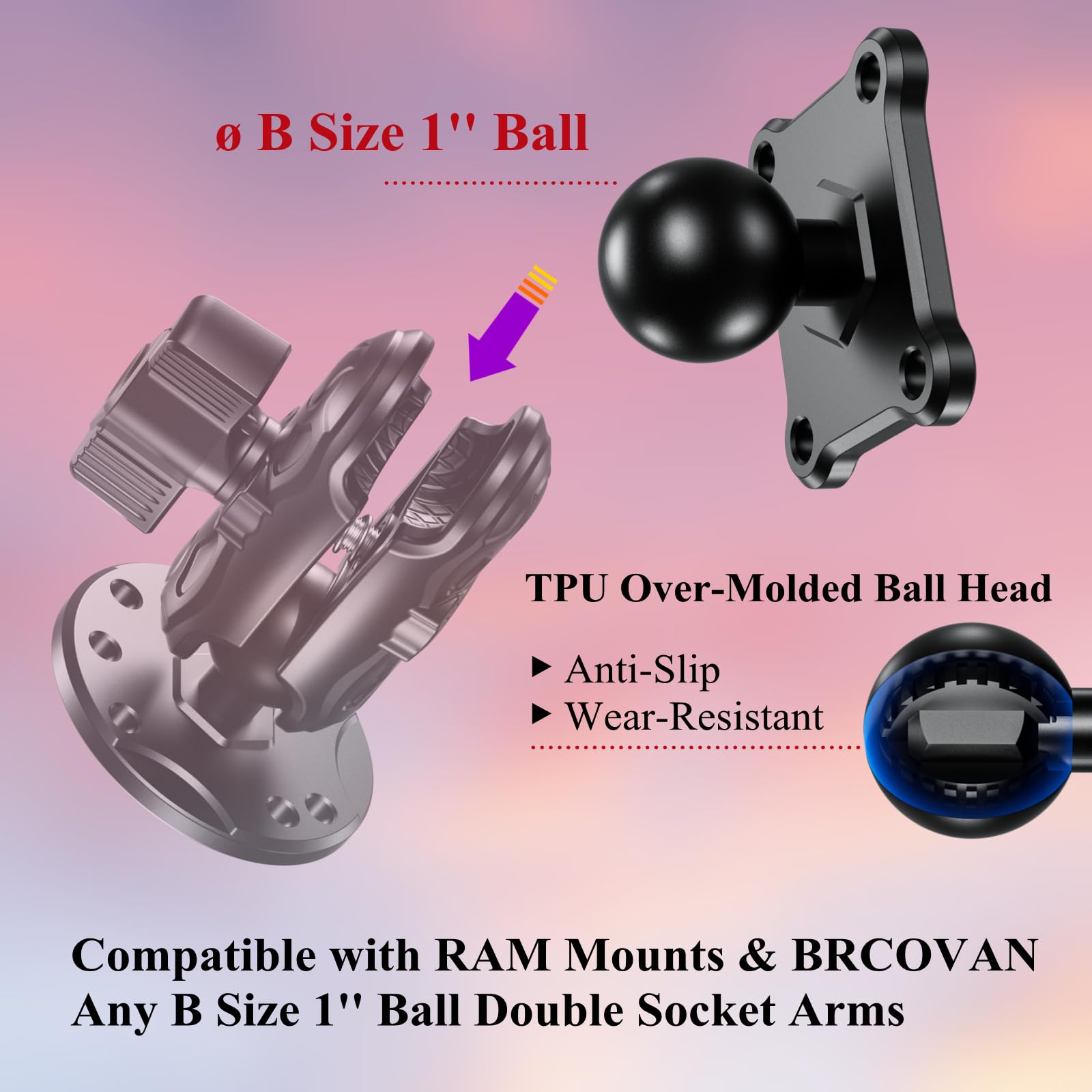 Brcovan 2 Pcs, 1'' Ball Mount Base With Aluminum Alloy 4 Hole Amps Square Plate, Compatible With Ram Mounts B Size 1 Inch Ball Double Socket Arm