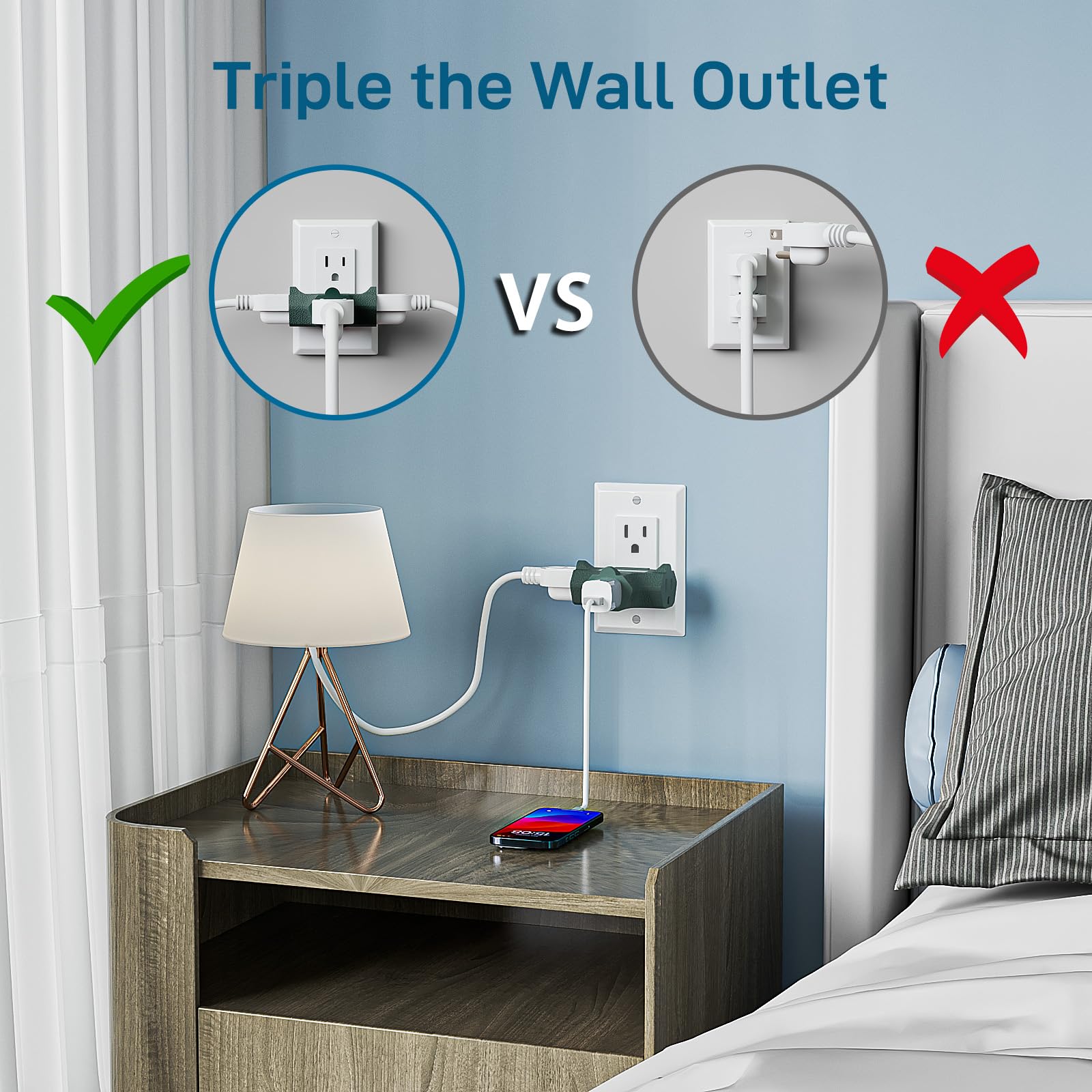 K Kasonic   3 Outlet Grounding Adapter, [Ul Listed] Plug Extender, Heavy Duty Grounded Power Tap   3 Pack (Green)