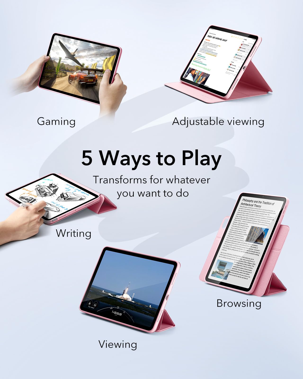 Esr For Ipad Air 11 Inch Case (2025) M3/M2, Ipad Air 7Th/6Th/5Th/4Th Generation Case (2024/2022/2020) 10.9 Inch With Pencil Holder, Removable Magnetic Cover, Vertical Stand, Rebound 360 Series, Pink