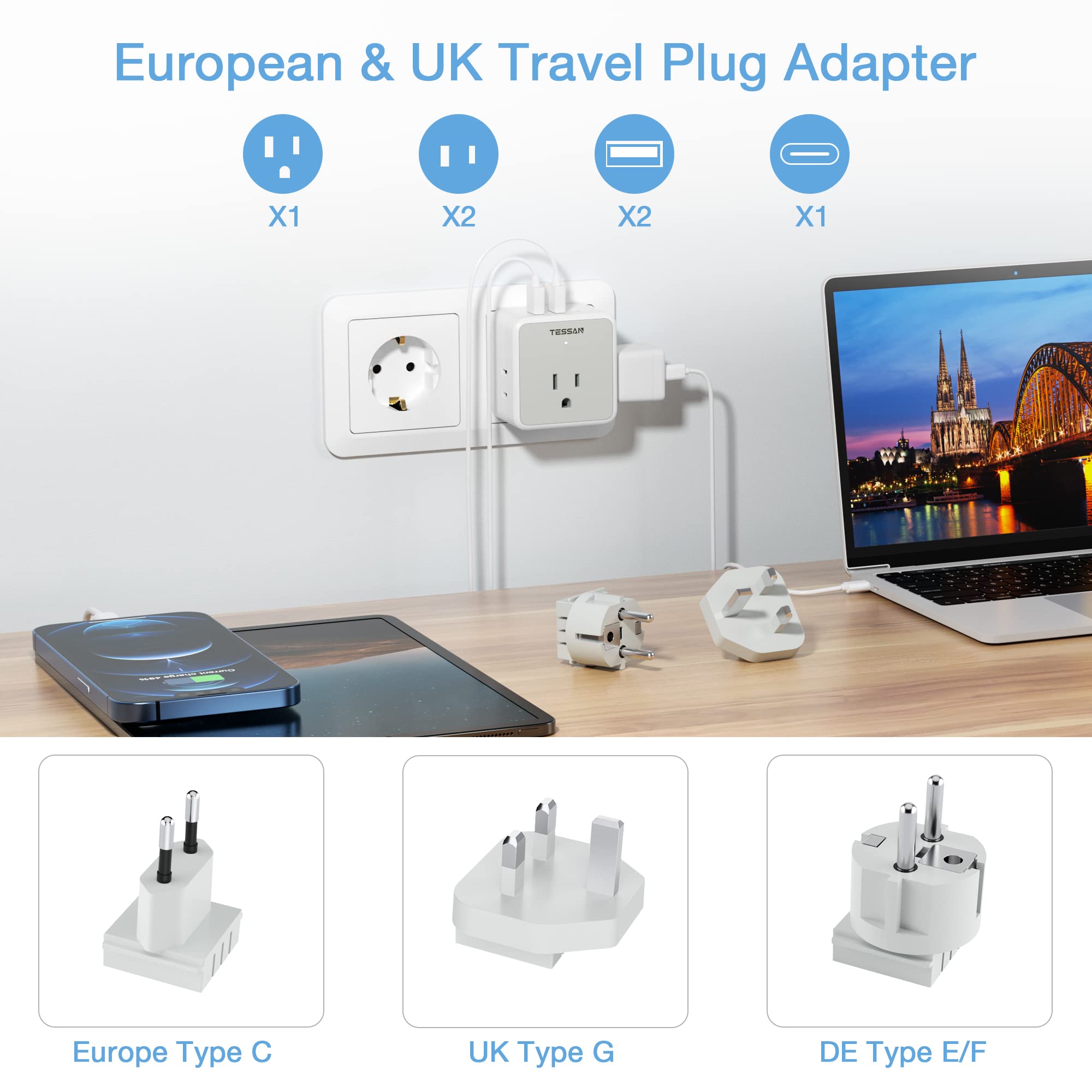Tessan All European Uk Travel Plug Adapter Kit, International Detachable Converter With 3 Outlet 3 Usb Charger (1 Usb C), Type C