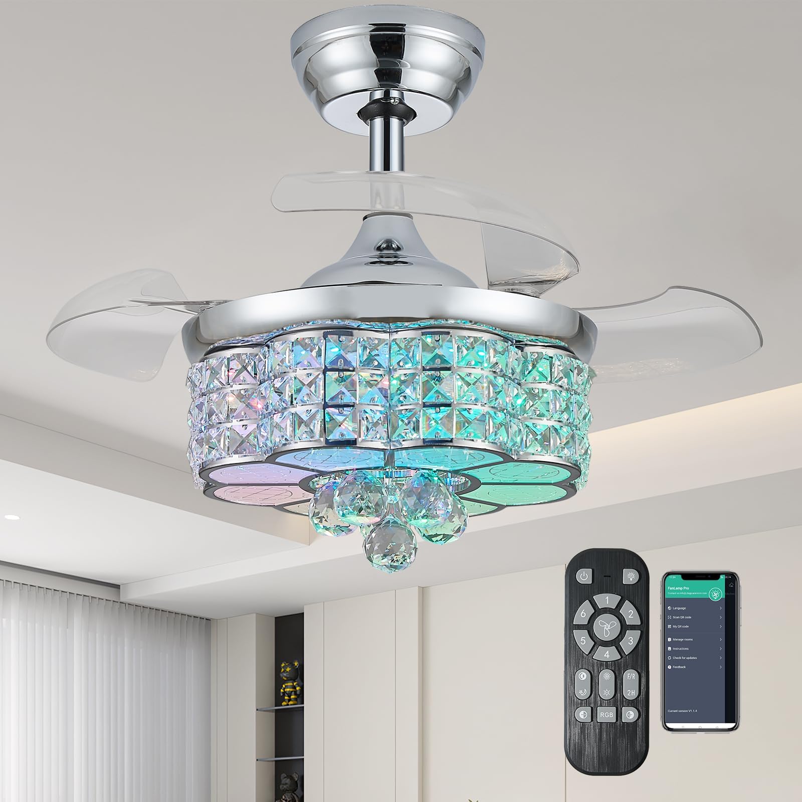 Zynfandor 30 RGB Crystal Retractable Ceiling Fan with Light Dimmable LED Chandelier, Remote & App Control, 6-Speed Timer, Memory