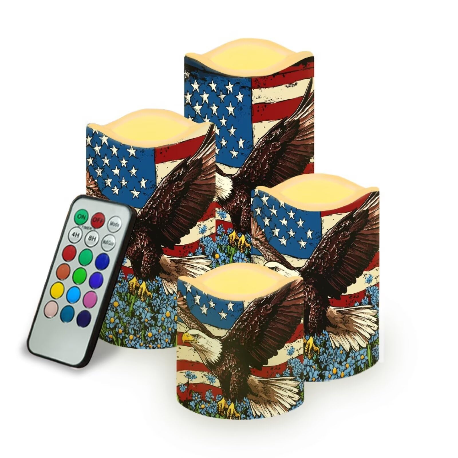 Uorisanigo USA Eagle Flag Floral Plastic Flameless Candles with Remote Control and Timer LED Flickering Battery Electric Pillar 