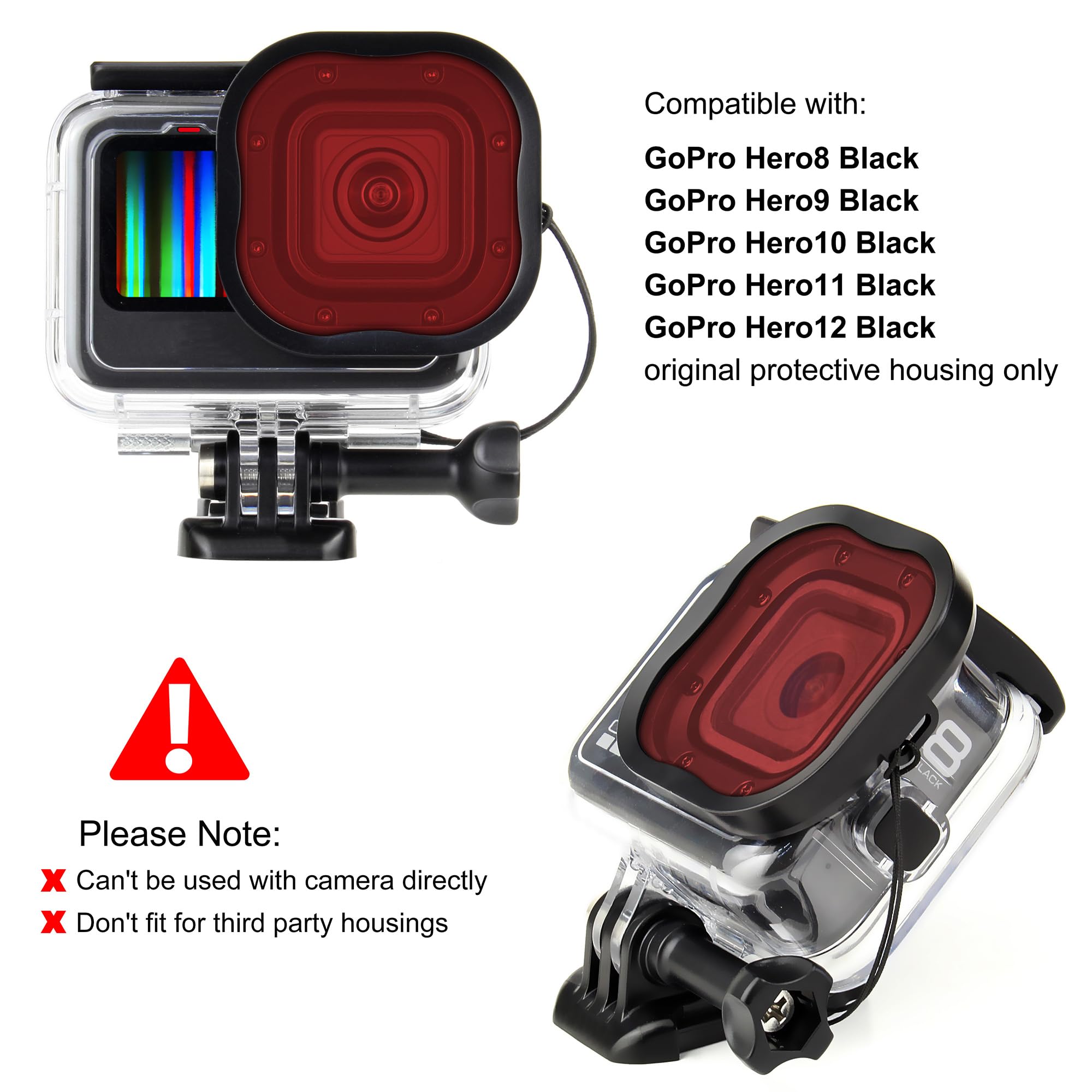 Underwater Camera Dive Filters For Gopro Hero 8,9,10,11 And 12 Black Protective Housing Lens Cover In Red, Light Red, And Magent