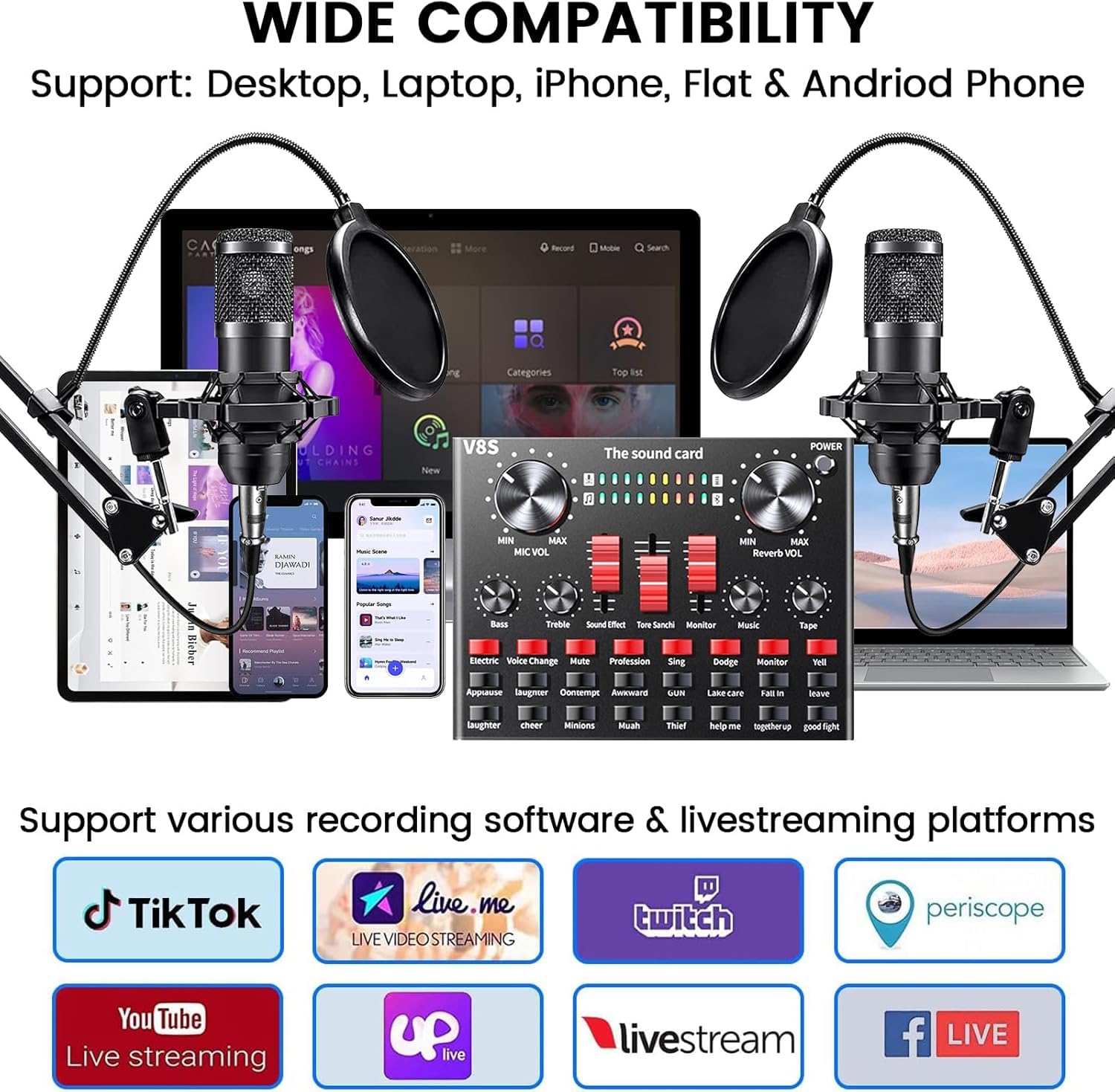 Podcast Equipment Bundle, Bm-800 Recording Studio Package With Voice Changer For Gamer And All-In-One Dj Mixer, Perfect For Lapt